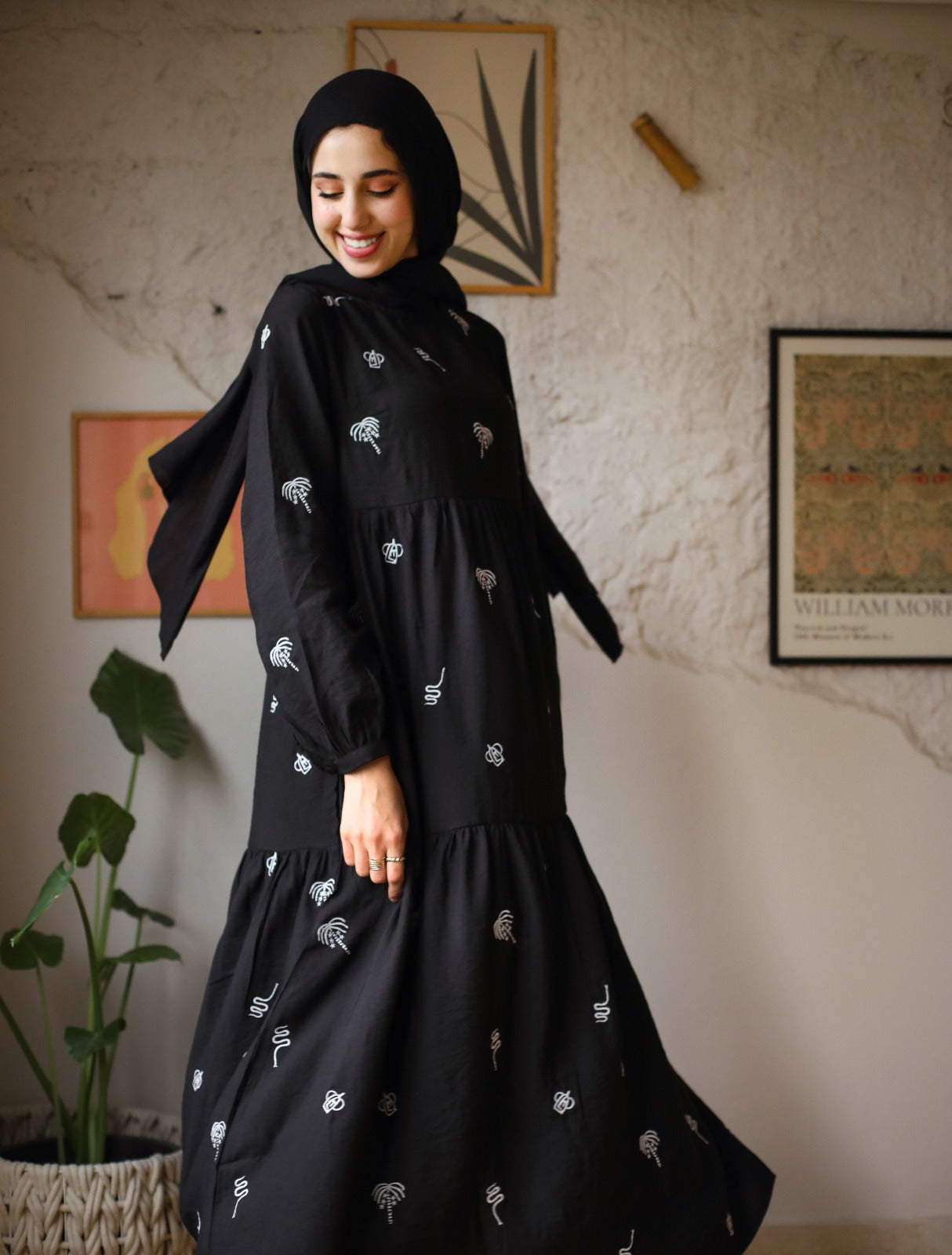 Starry Palm Tree Embroidered Dress Black