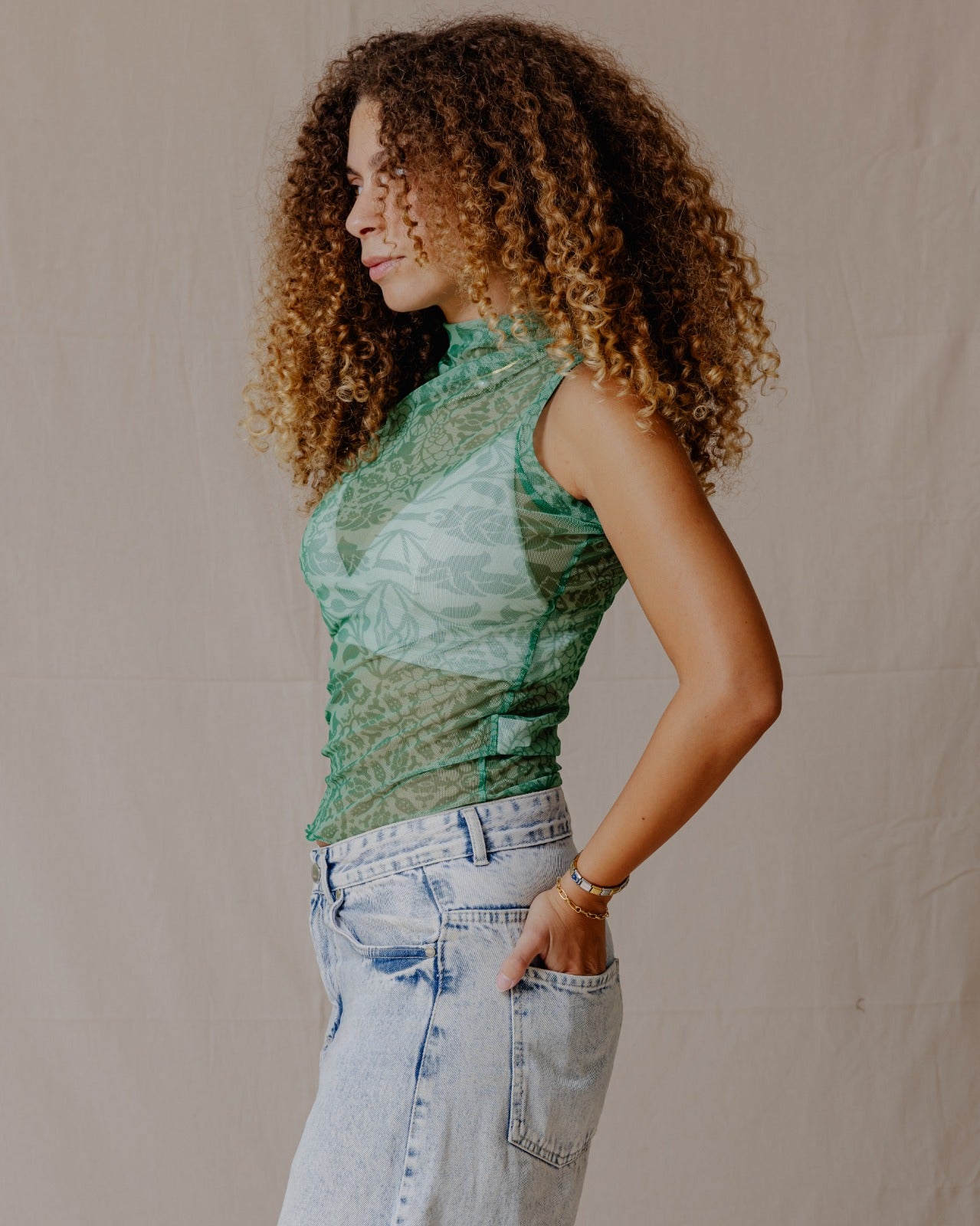 Floral Fusion Mesh Top Green