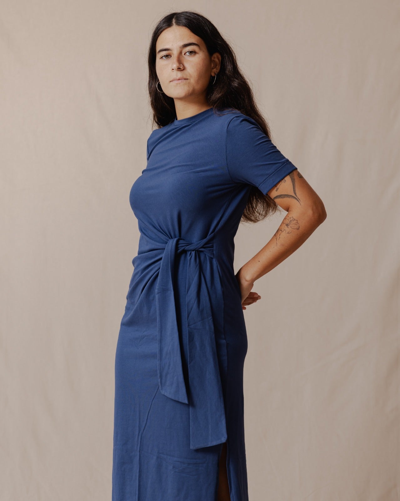 Side Tie Cotton Dress Blue