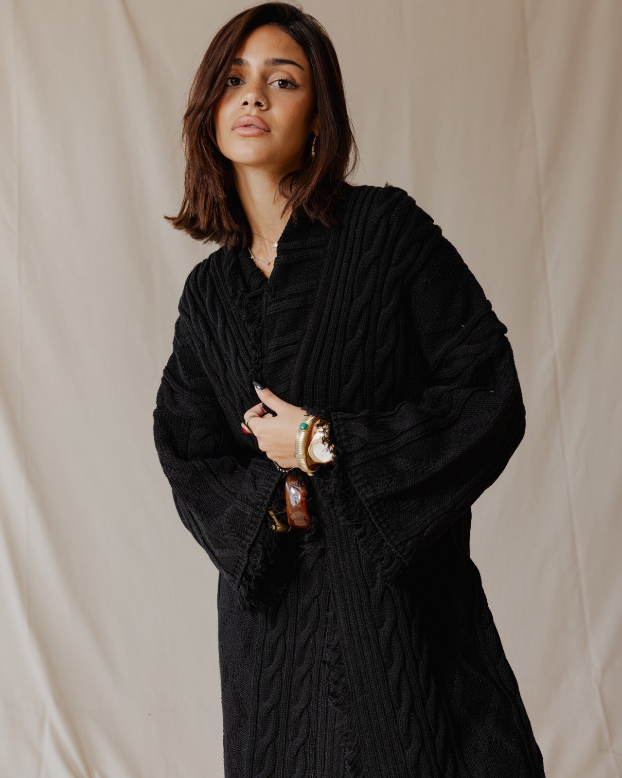 Cable Knit Coat Black