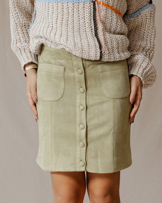 Suede Buttoned Mini Skirt Green