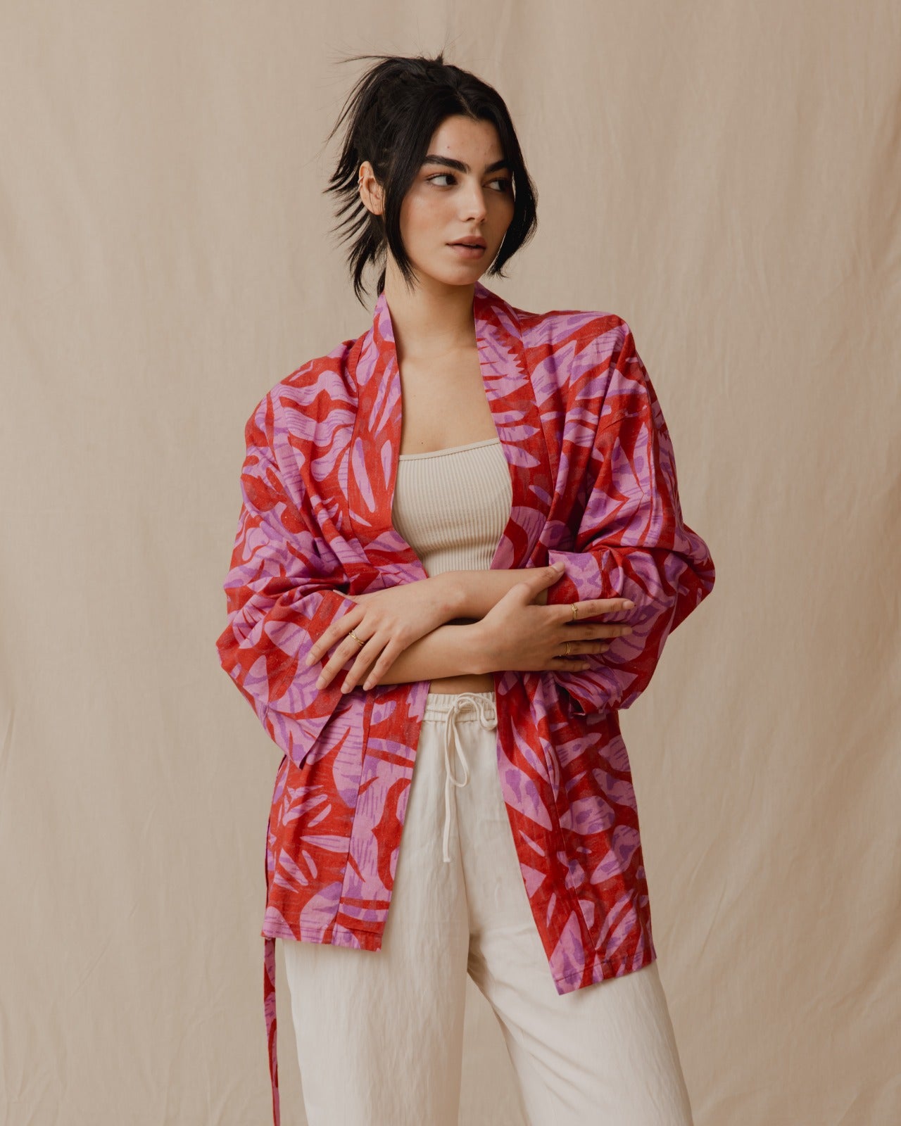 Palm Leaves Linen Kimono Burgundy X Purple