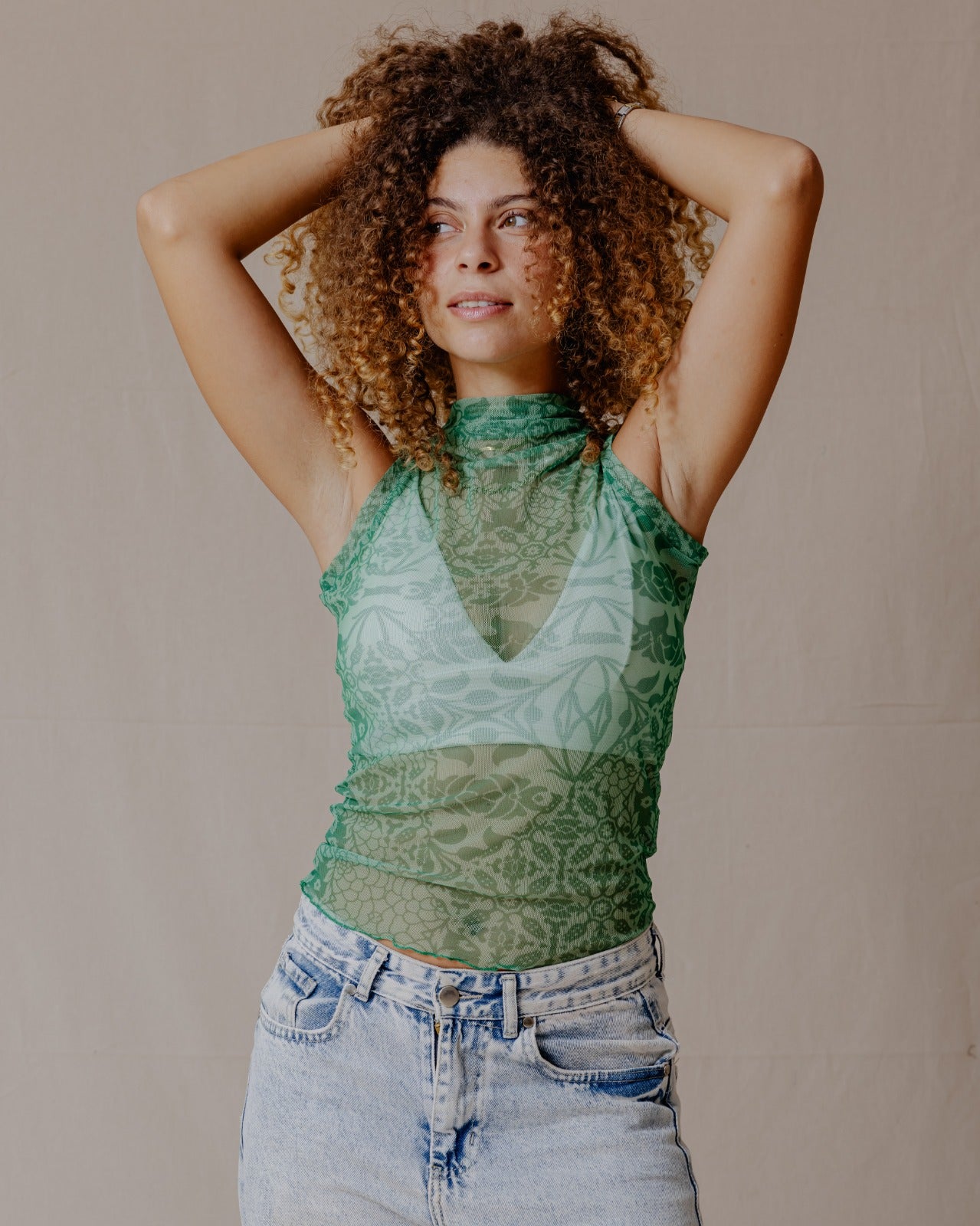 Floral Fusion Mesh Top Green