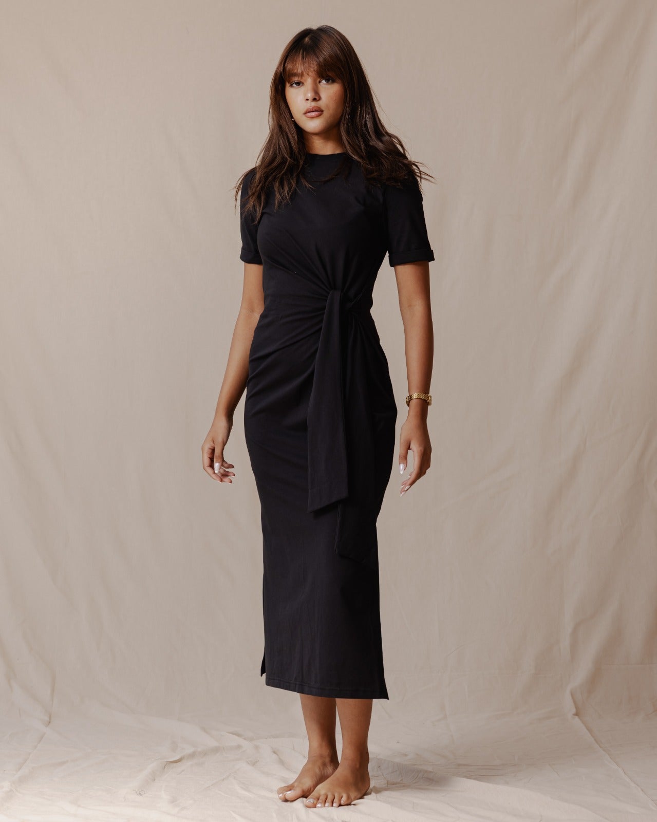 Side Tie Cotton Dress Black