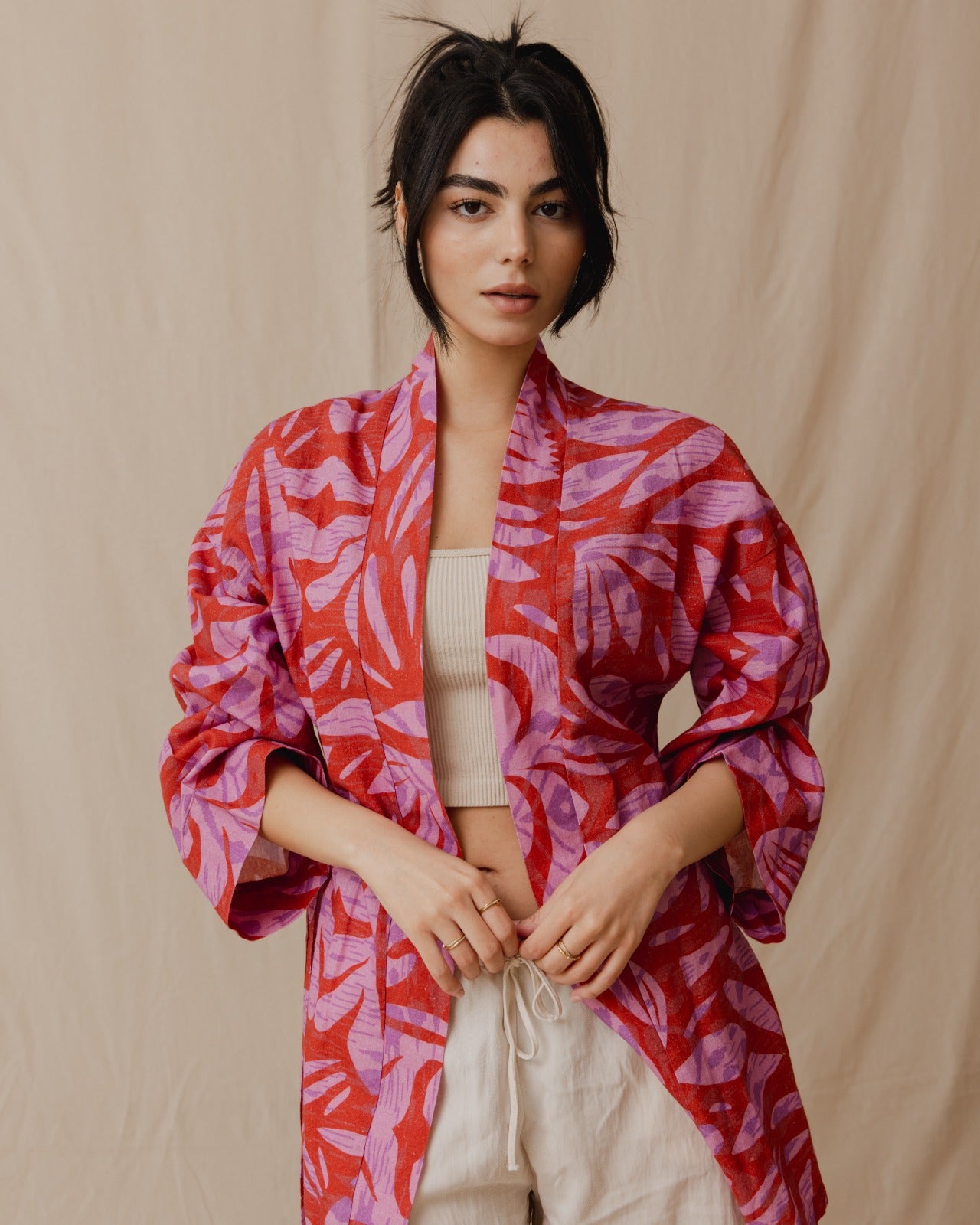 Palm Leaves Linen Kimono Burgundy X Purple