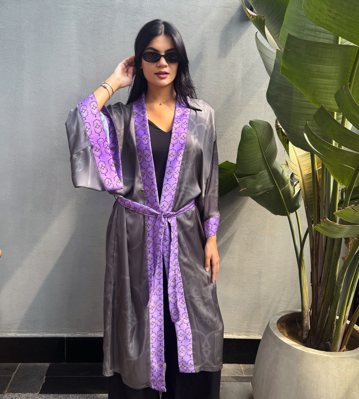 Palm Tree Satin Kimono Light Grey X Purple