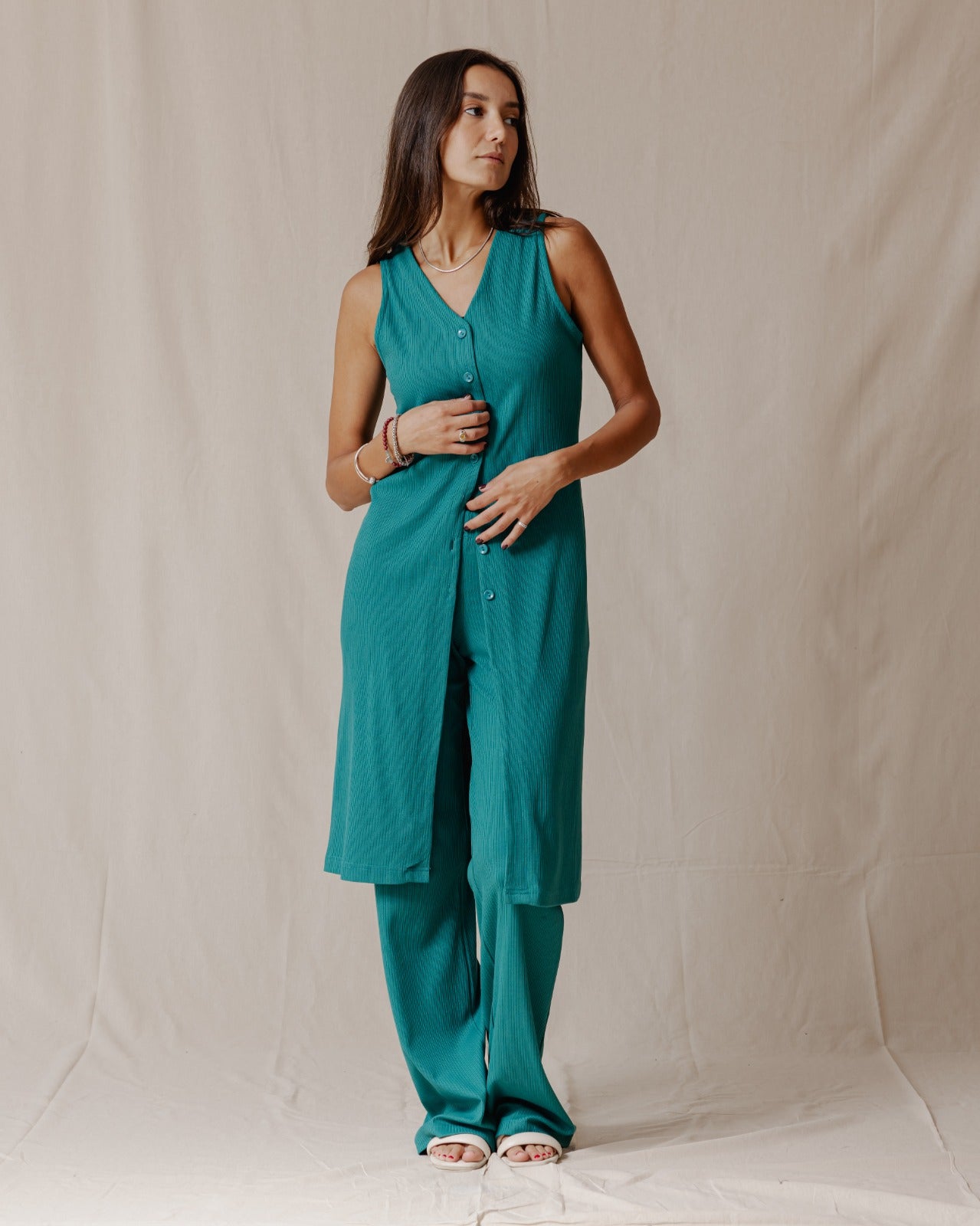 Buttoned Sleeveless Set Teal