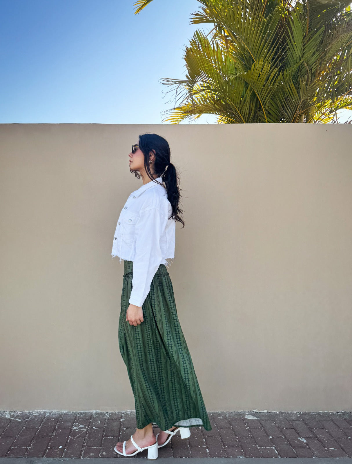 Geometric Lines Maxi Skirt Olive Green