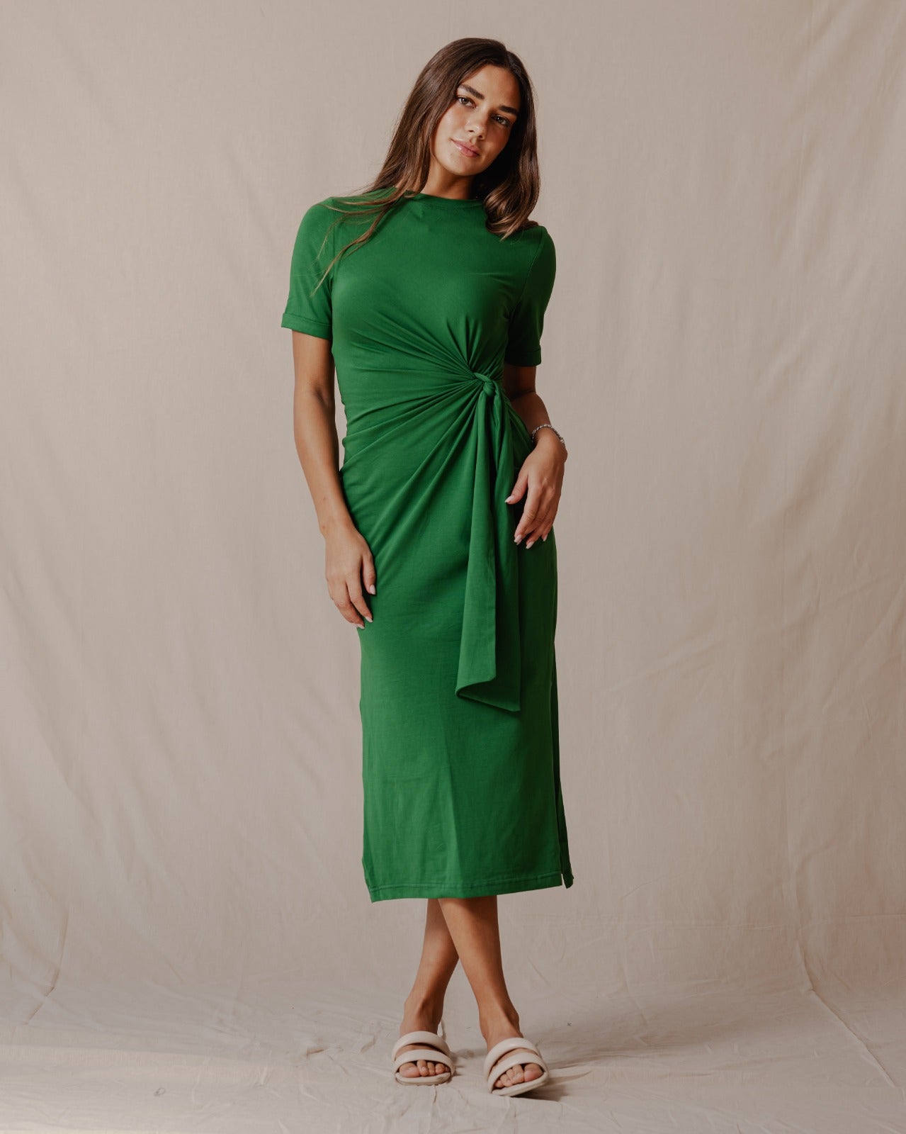 Side Tie Cotton Dress Green