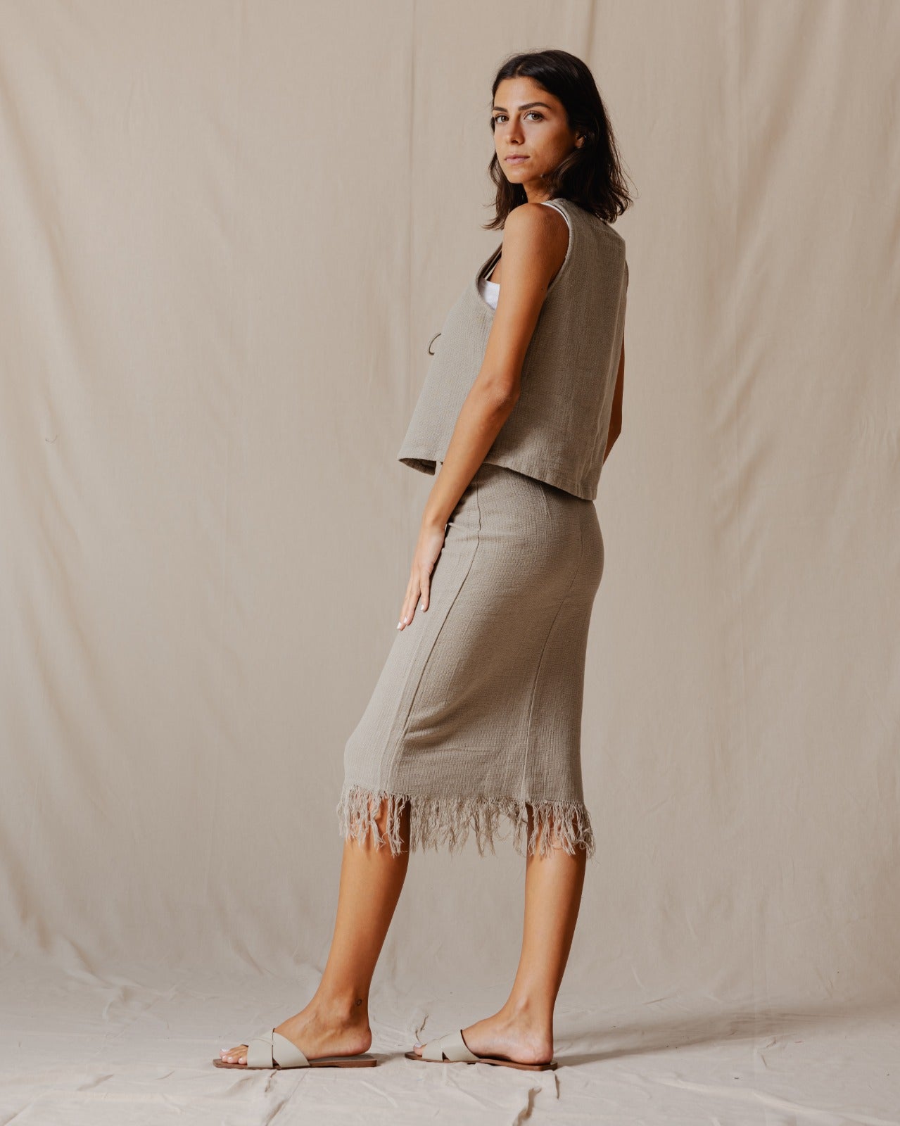 Fringed Boho Skirt Olive