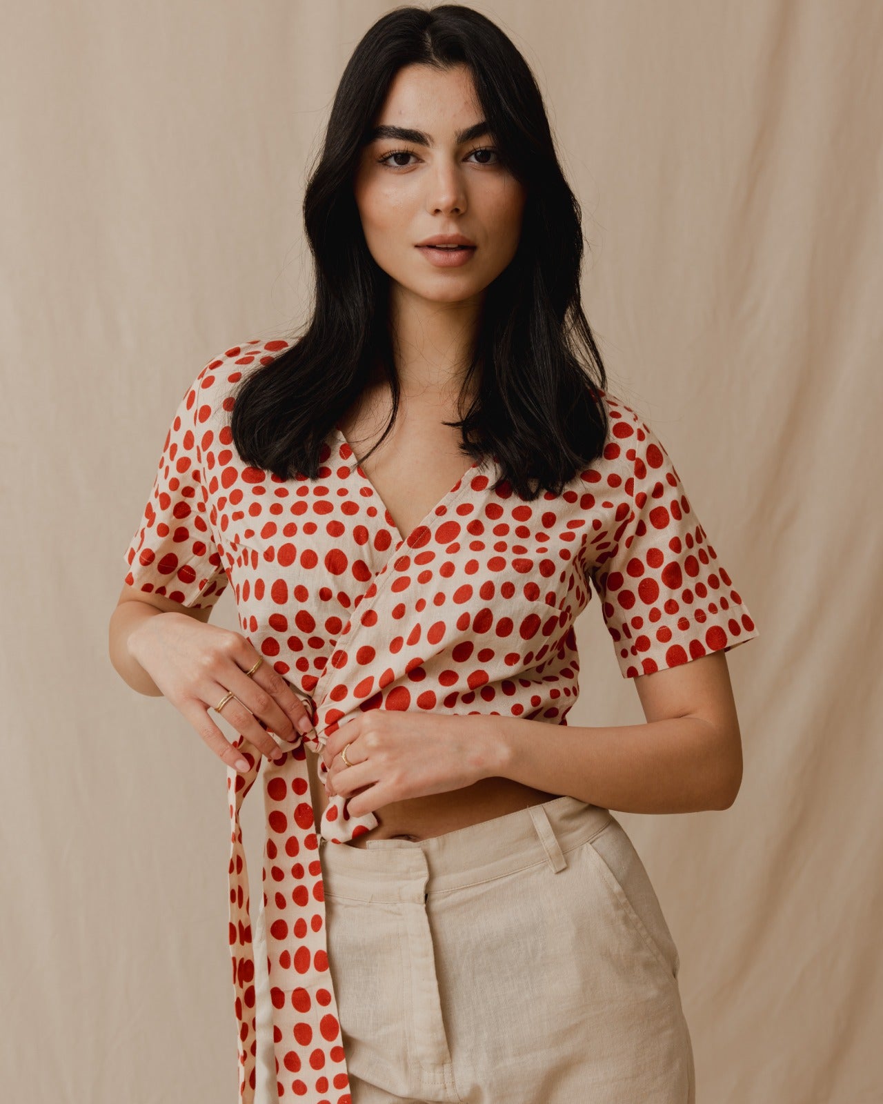 Cinnamon Polka Dot Linen Top