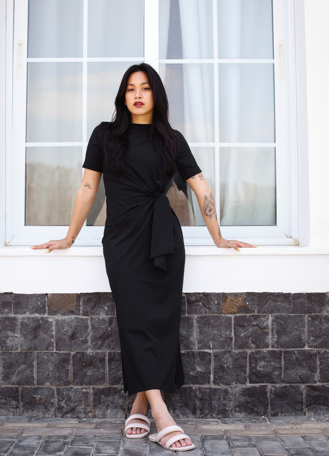 Side Tie Cotton Dress Black