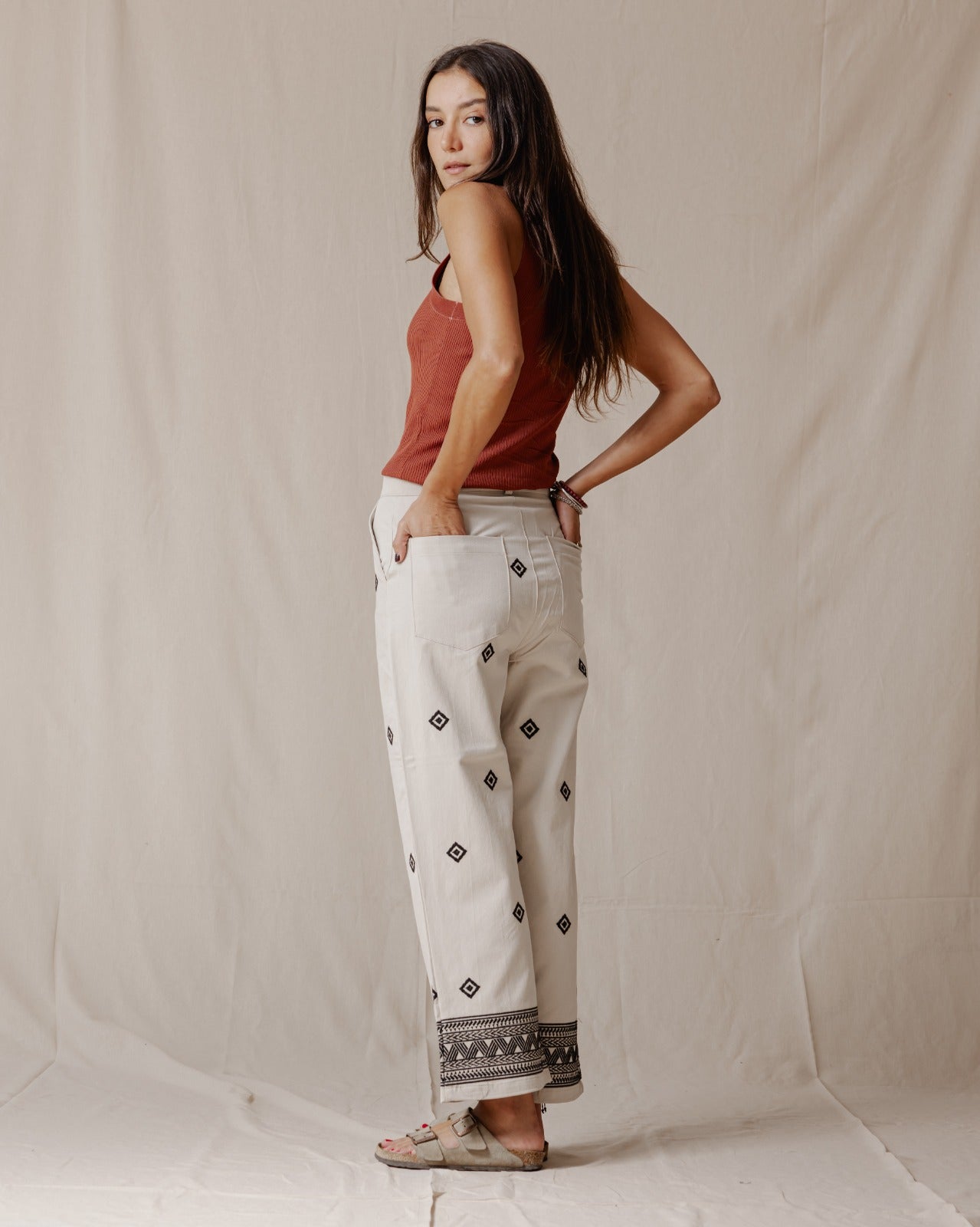 Ethnic Embroidered Pants Beige