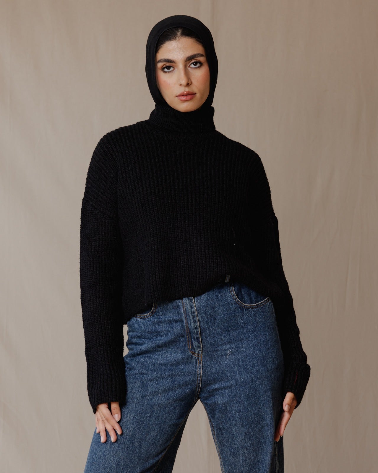 High Neck Cropped Pullover Black