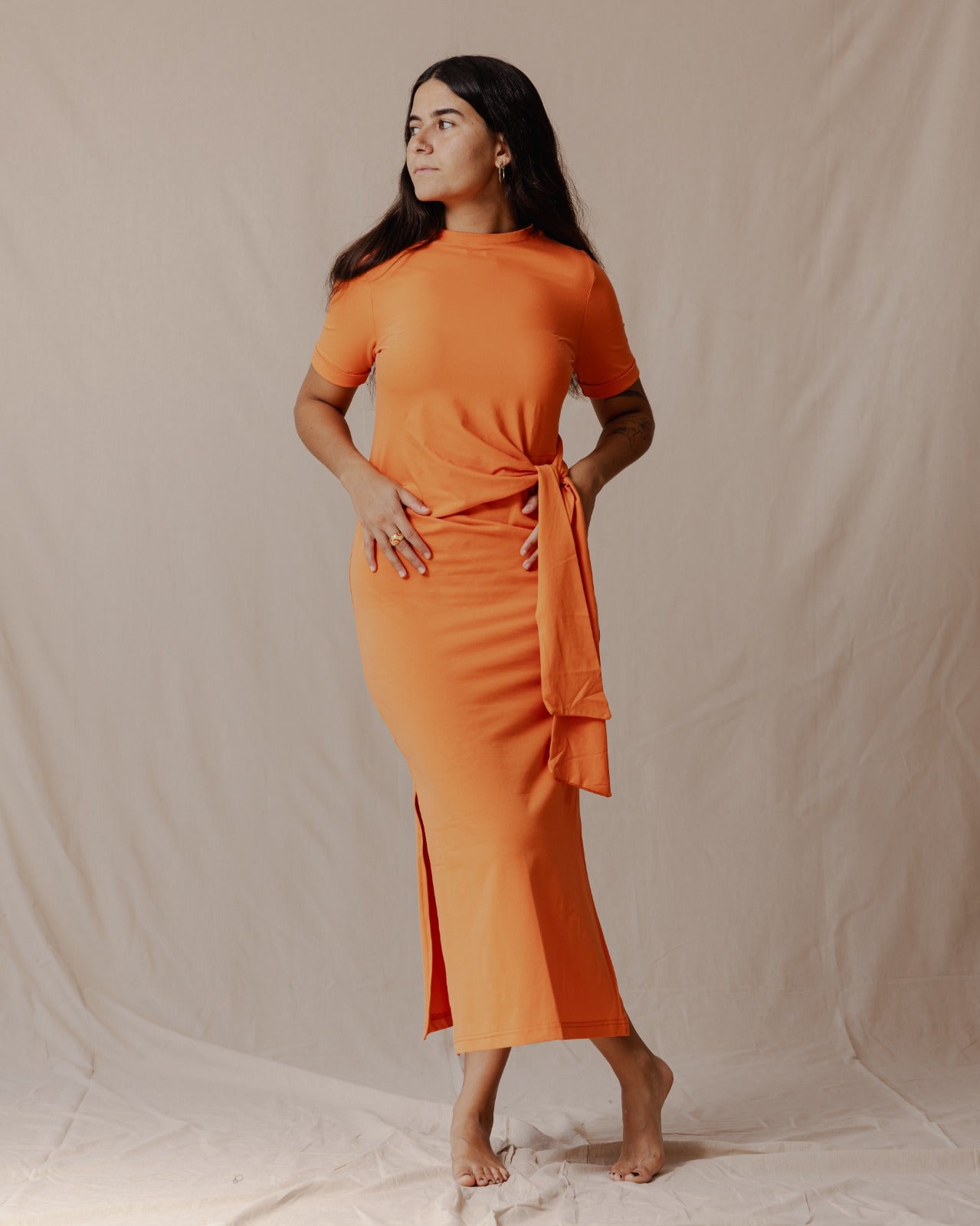 Side Tie Cotton Dress Orange