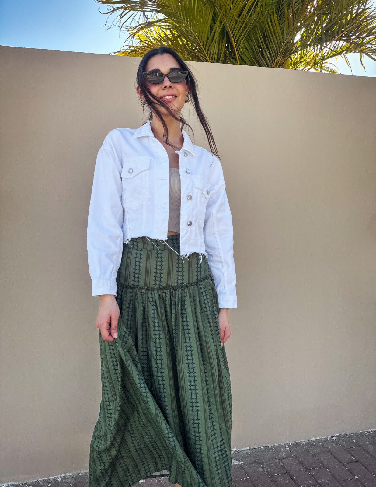 Geometric Lines Maxi Skirt Olive Green