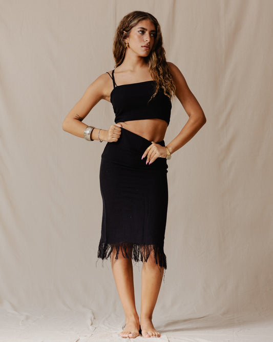 Fringed Boho Skirt Black