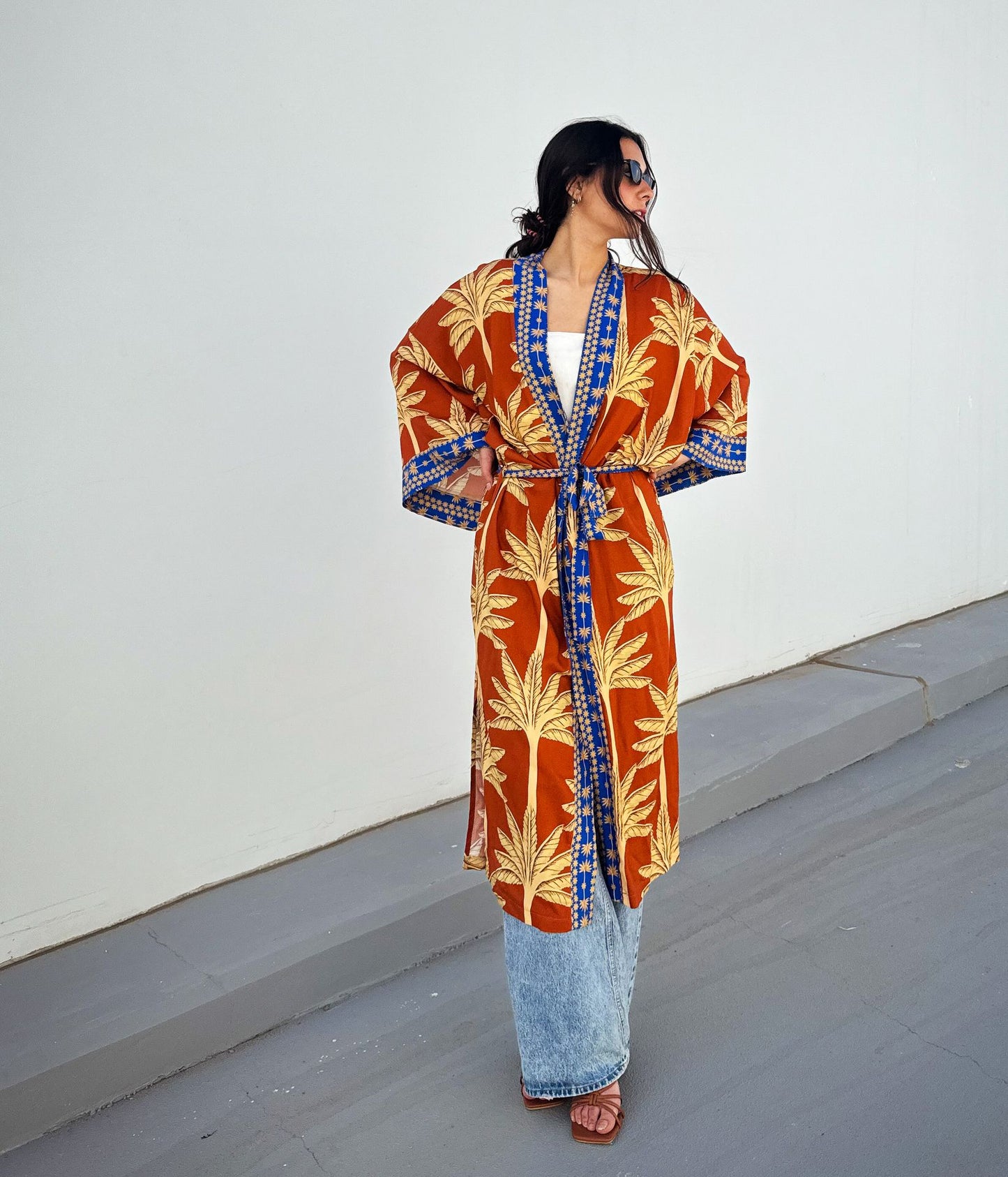 Palms Cotton Kimono Orange X Blue