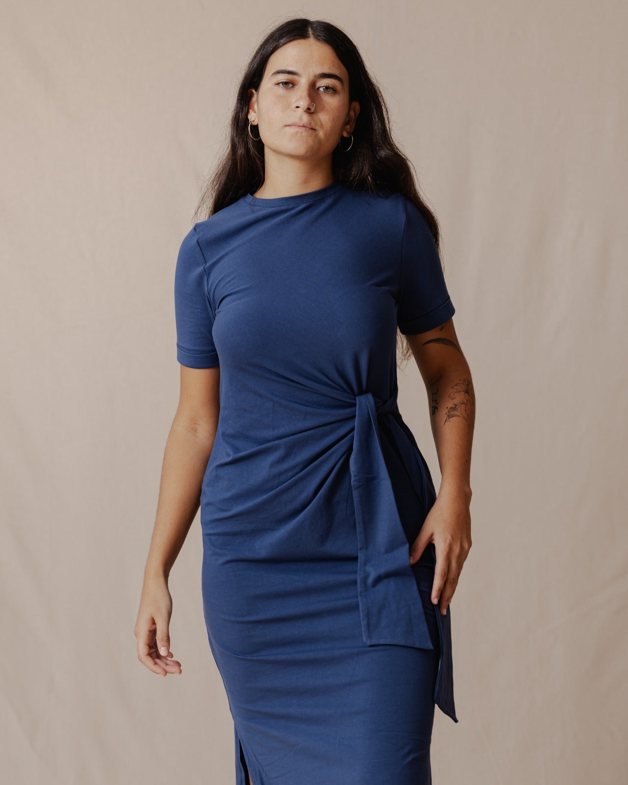 Side Tie Cotton Dress Blue