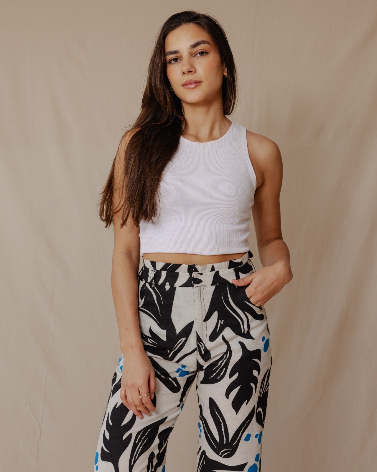 Black And White Leaves Linen Pants