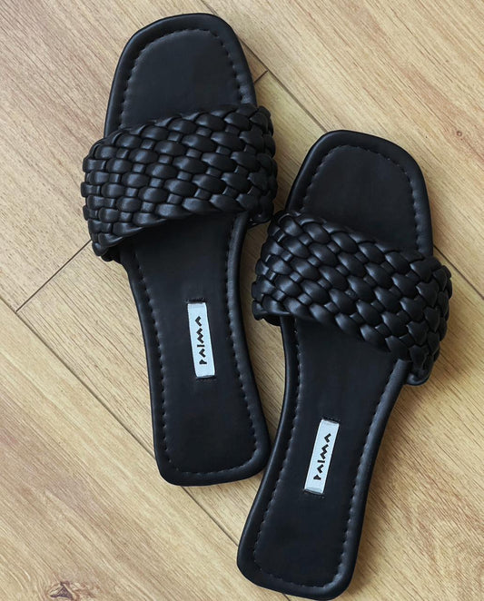 Braided Leather Slippers Black