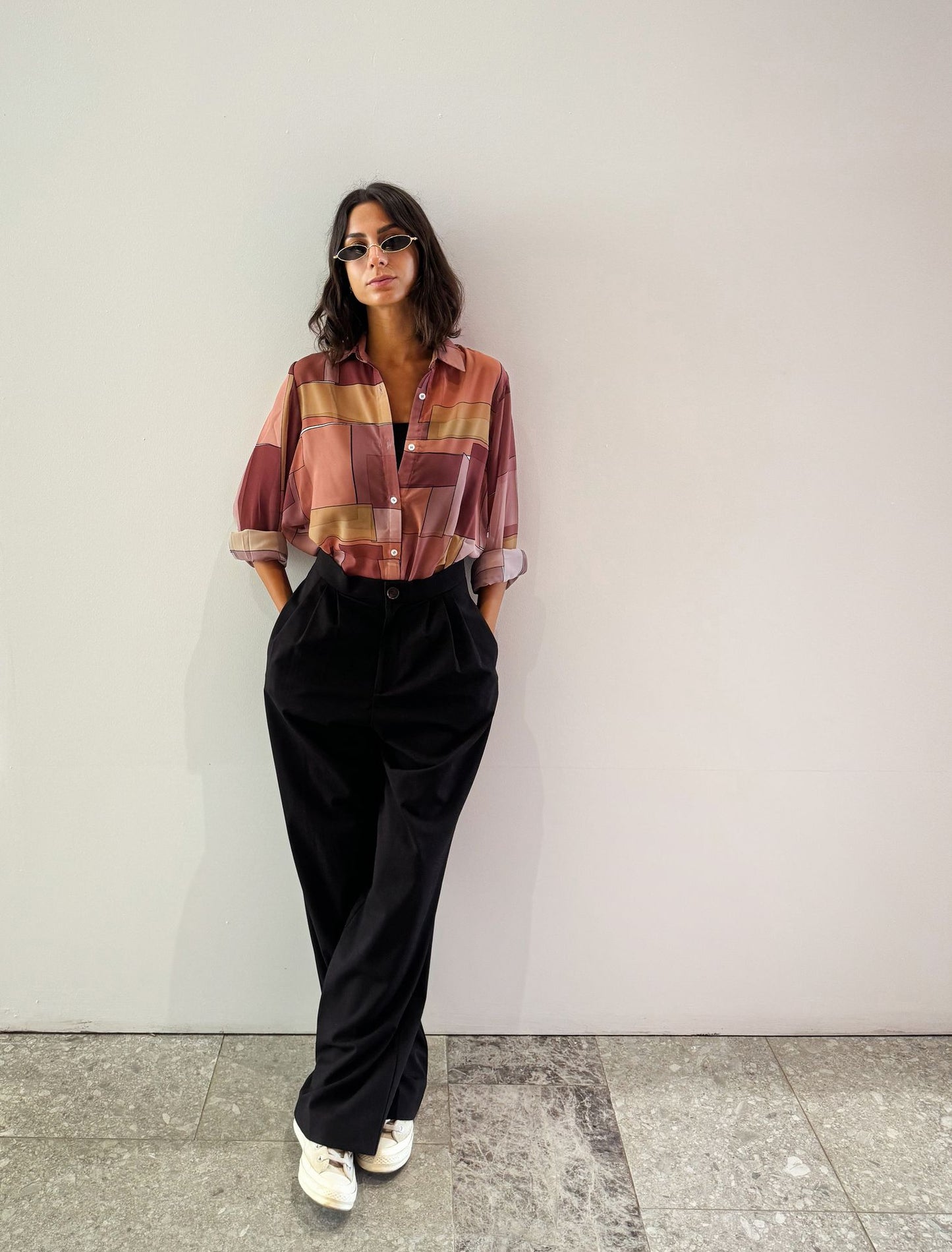 Patchwork Chiffon Shirt In Burgundy Shades