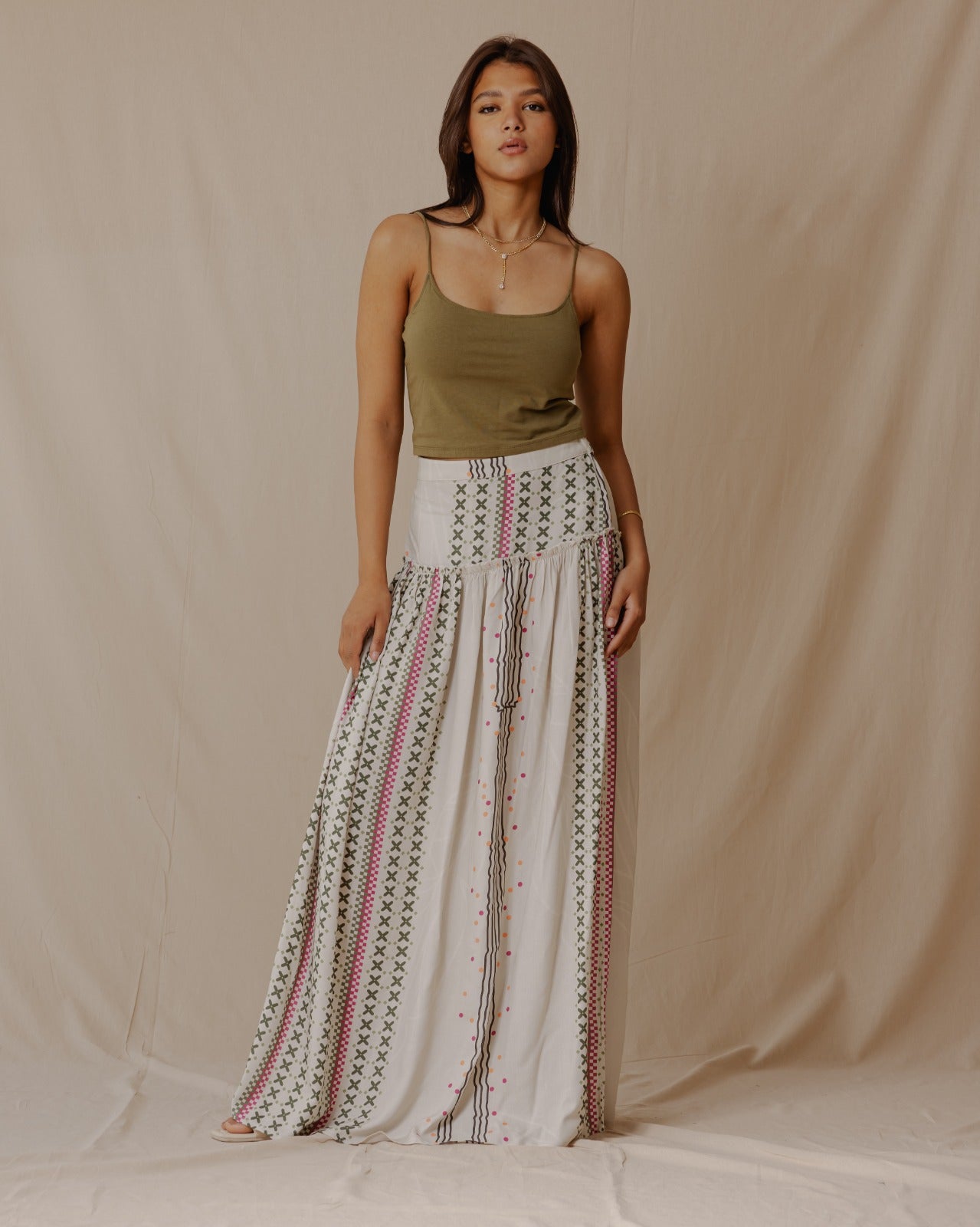 Geometric Lines Maxi Skirt Cream