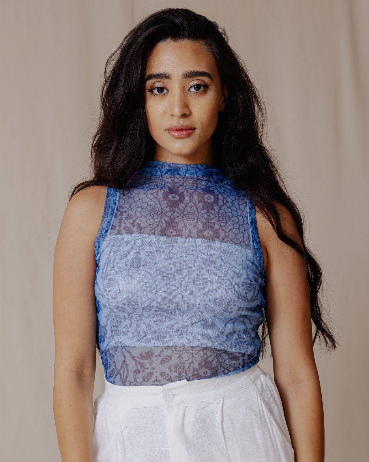 Floral Fusion Mesh Top Blue