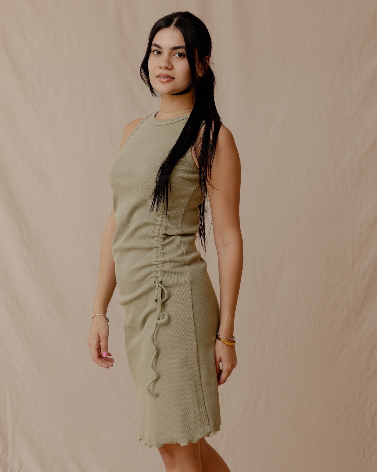 Drawstring Fitted Dress Olive