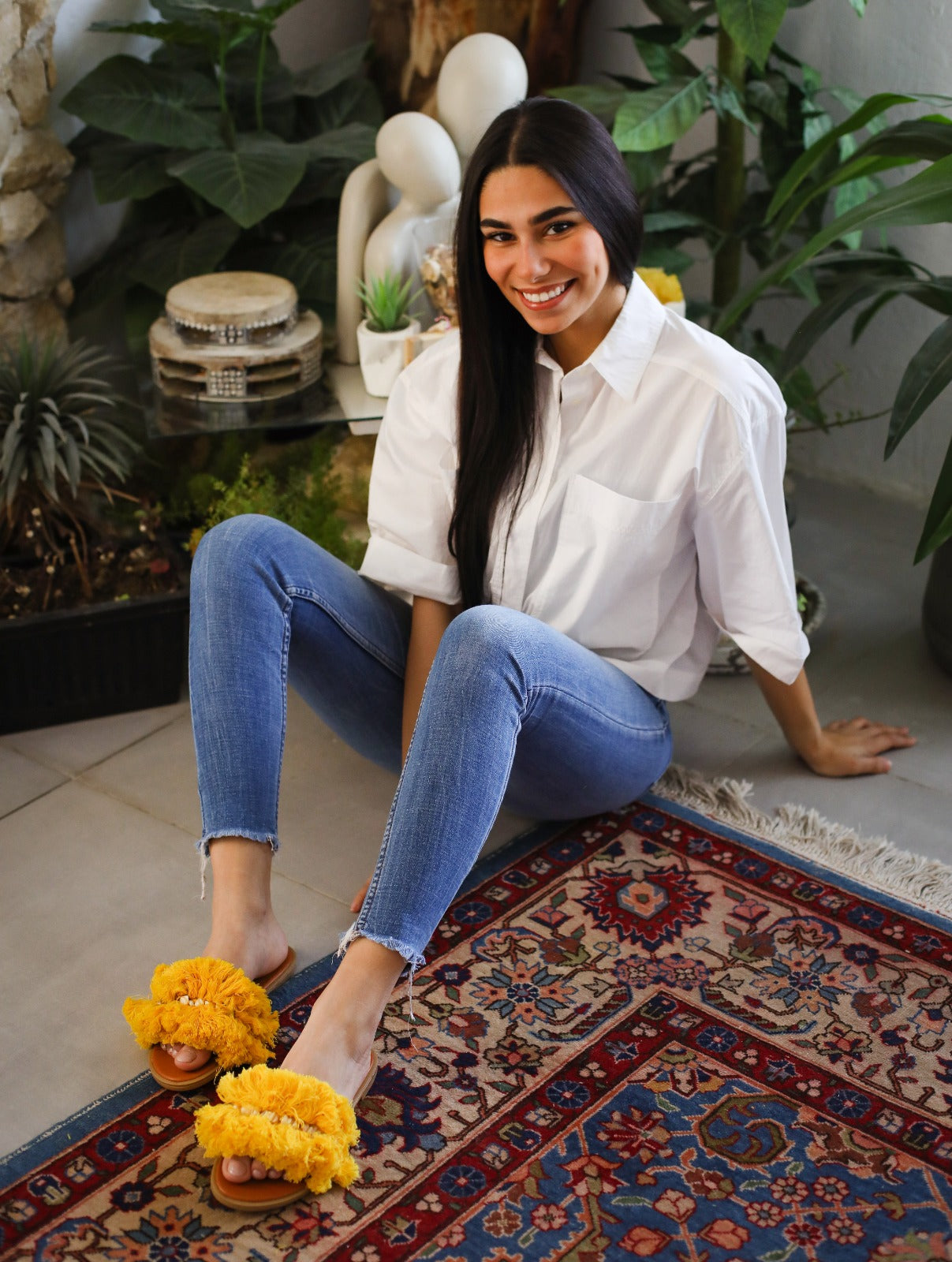 Threaded Stones Mustard Slippers