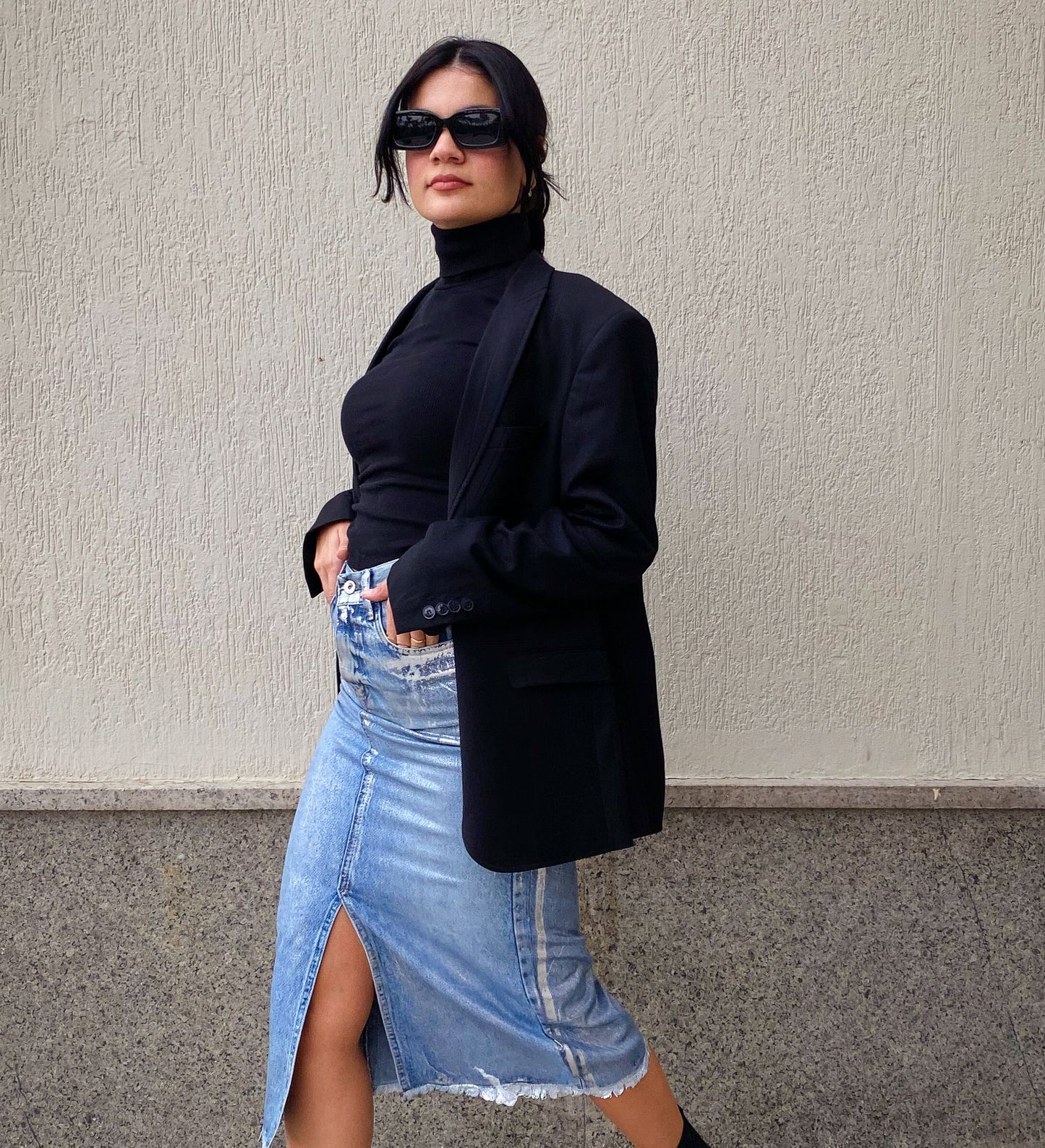 Metallic Denim Skirt With A Slit