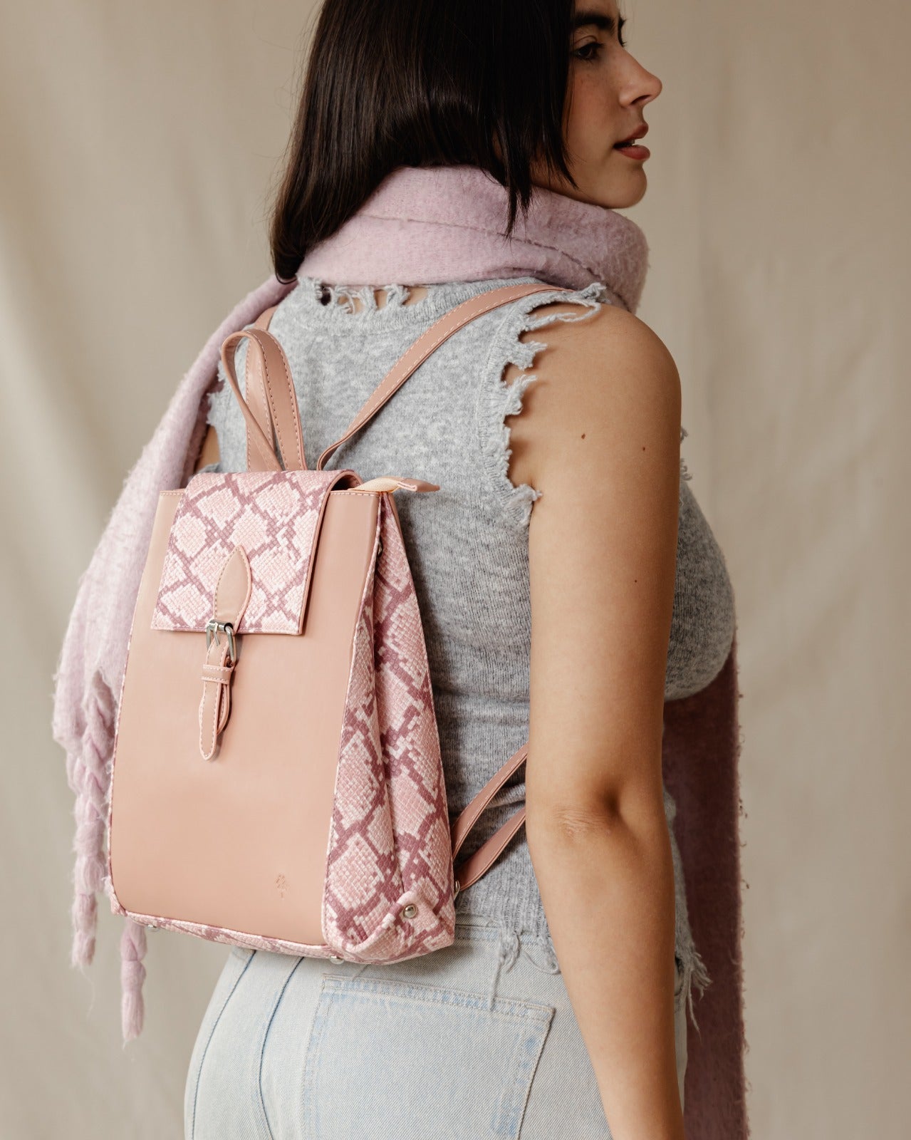 Rectangle SnakeSkin Backpack Pink