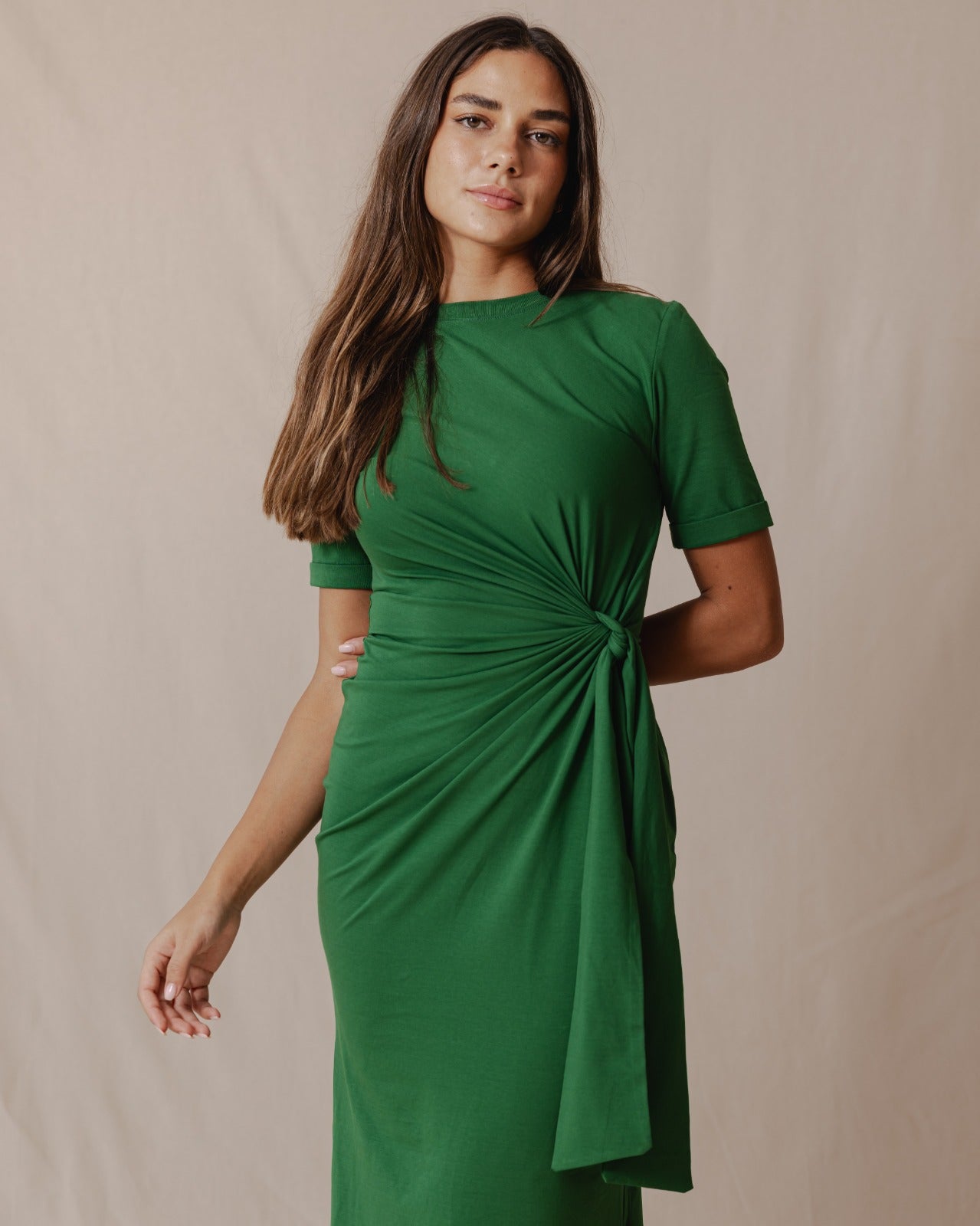 Side Tie Cotton Dress Green