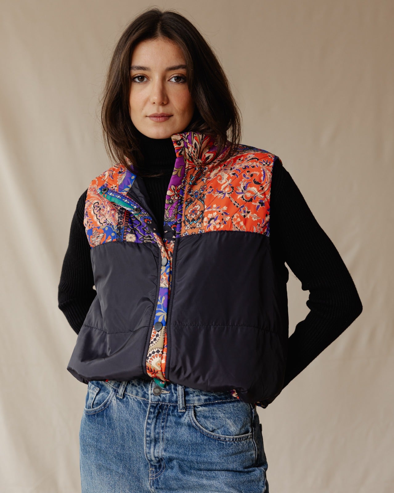 Patchwork Festival Waterproof Vest Black