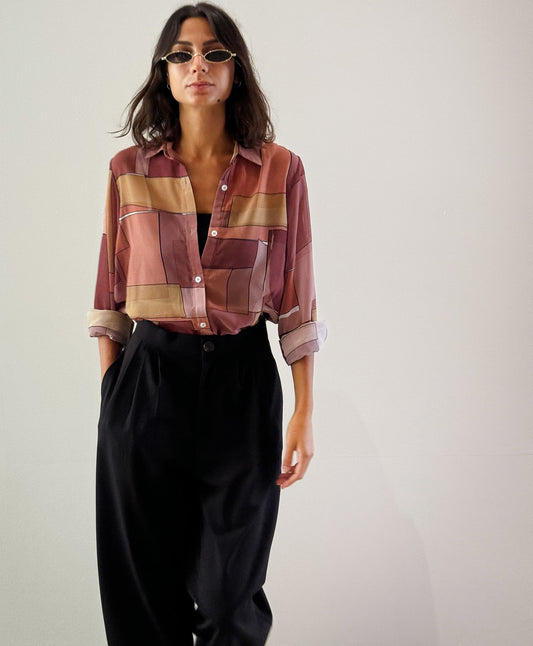 Patchwork Chiffon Shirt In Burgundy Shades