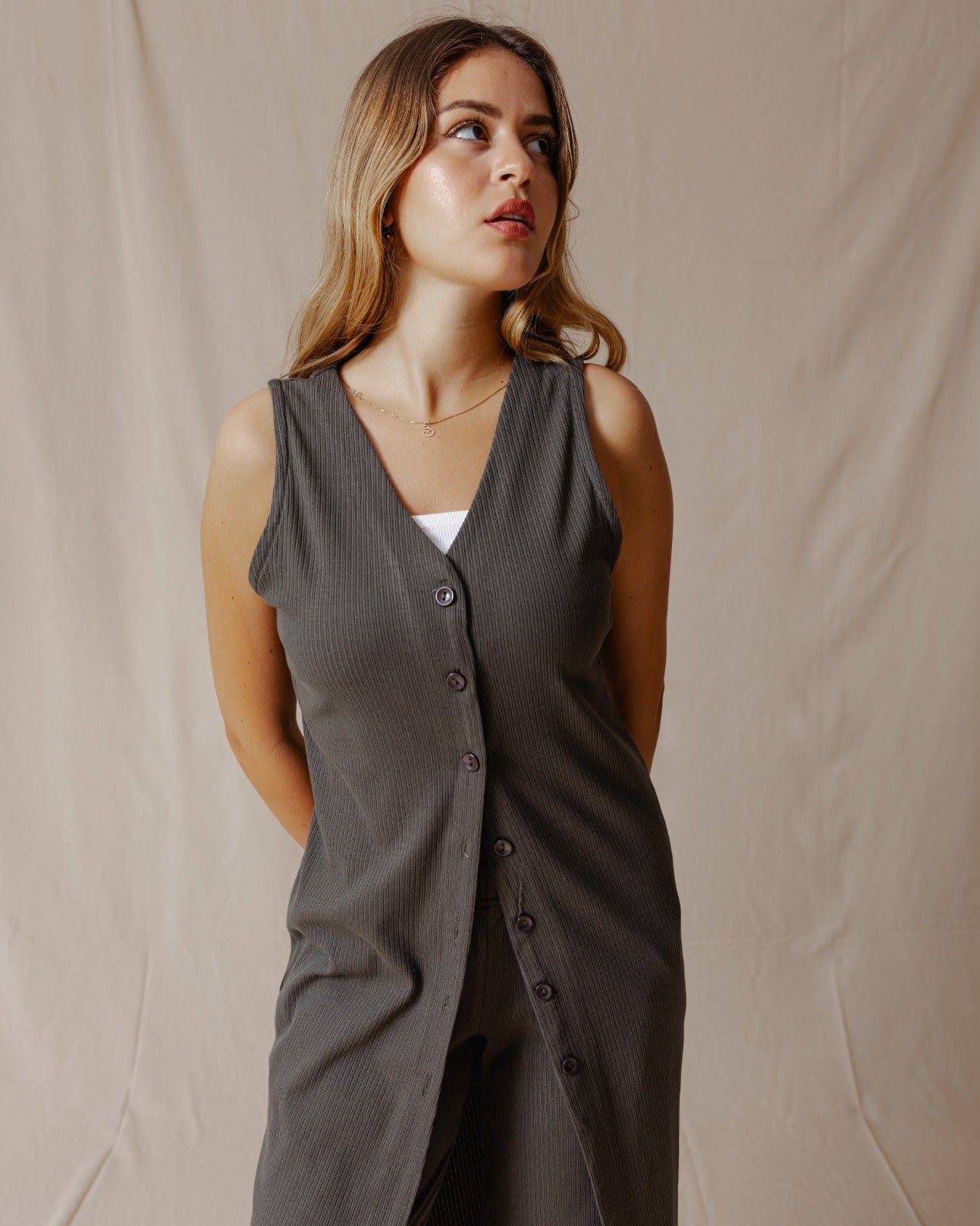 Buttoned Sleeveless Set Olive