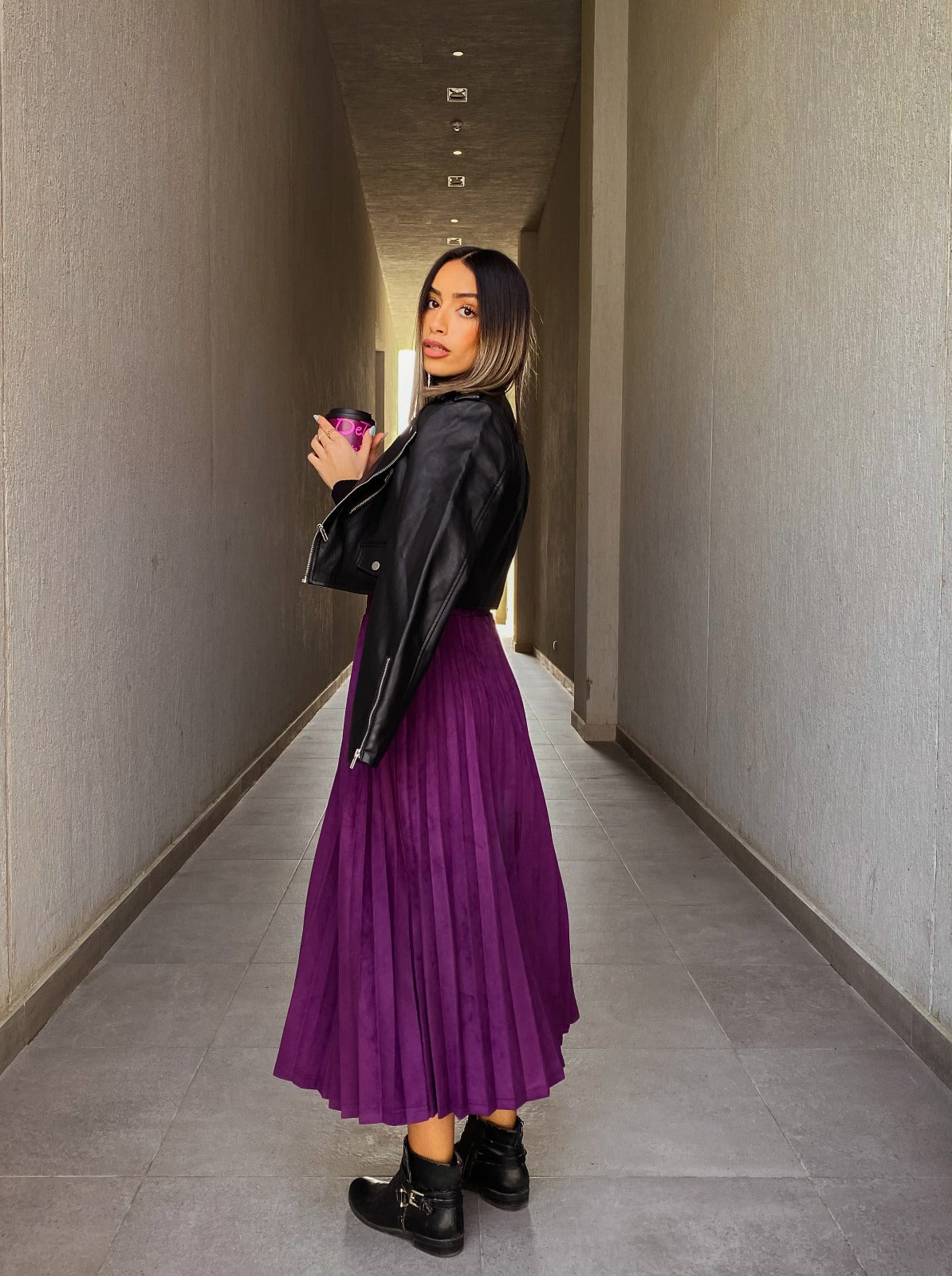 Purple Pleated Midi Skirt