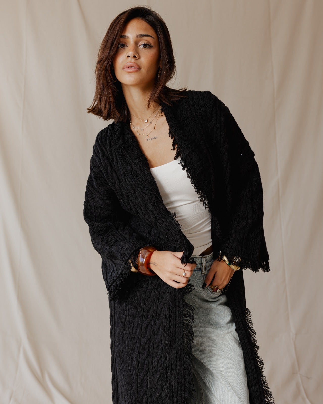 Cable Knit Coat Black