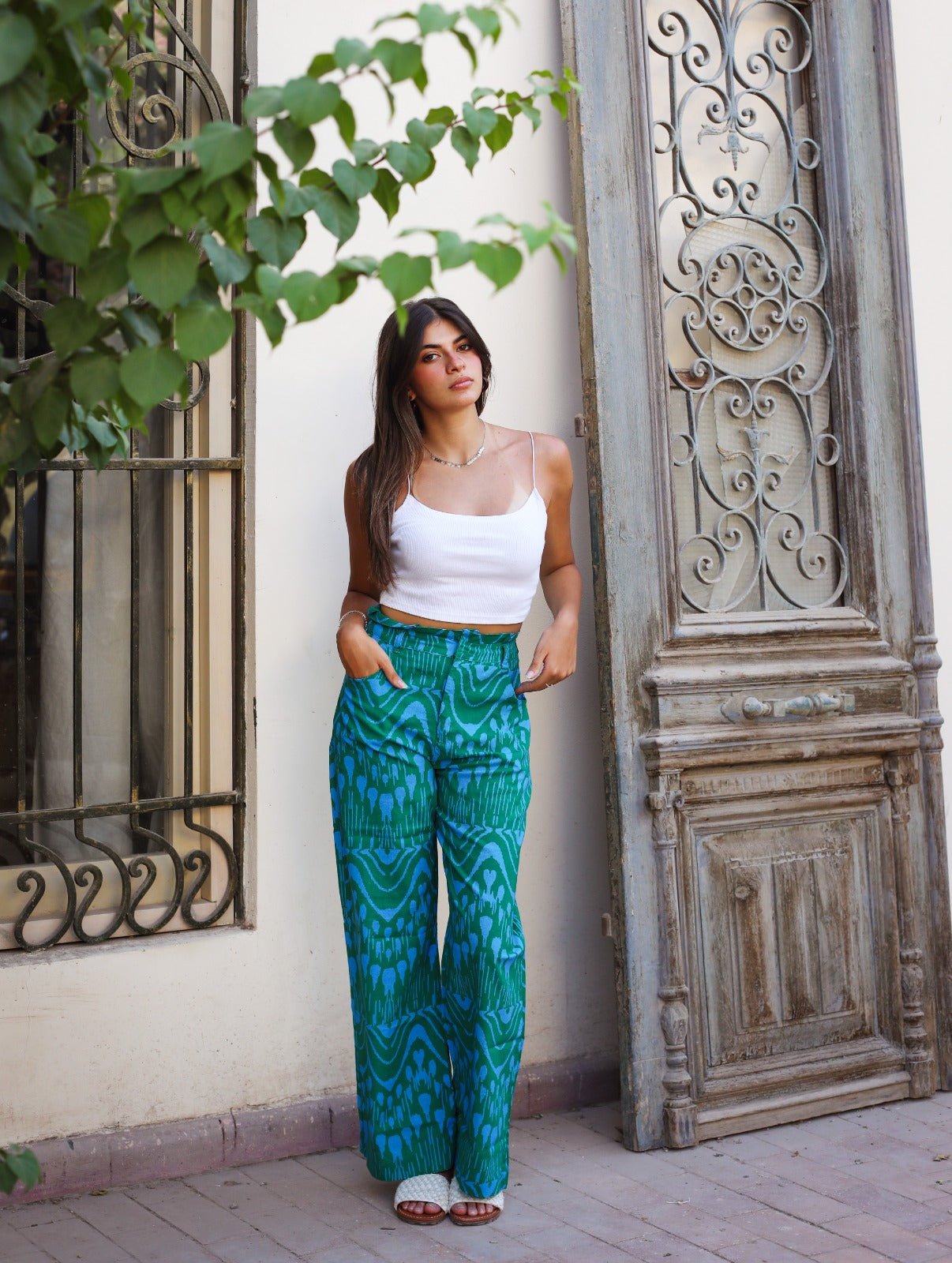 Ikat Linen Pants In Green X Blue