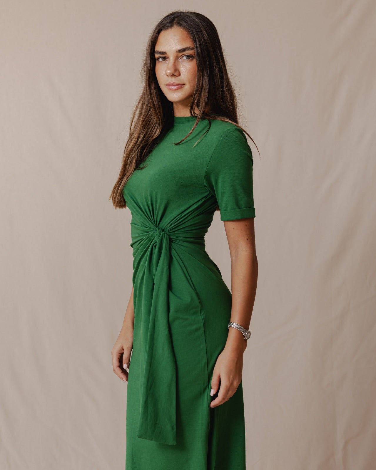 Side Tie Cotton Dress Green