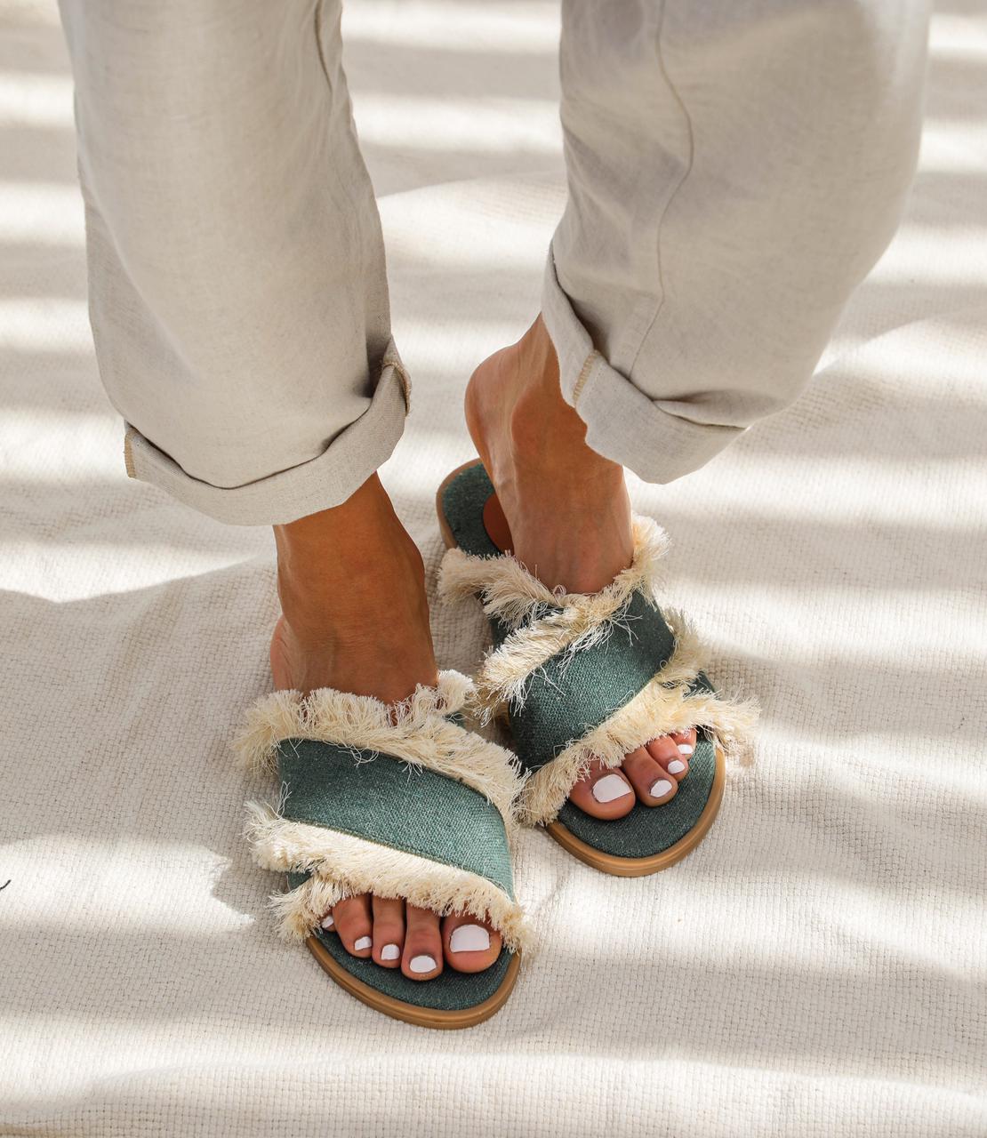 Fringed Criss Cross Slides Teal