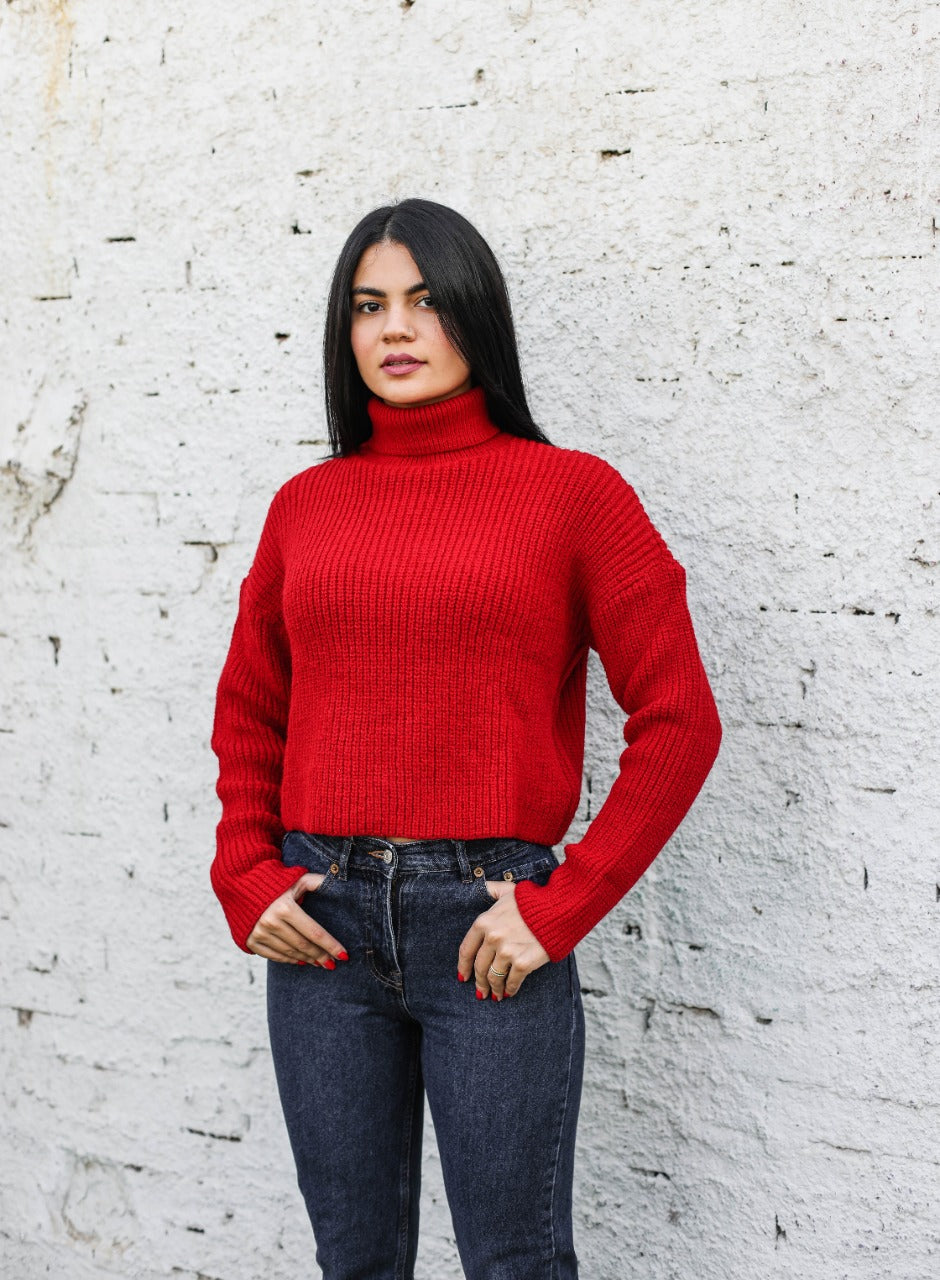 High Neck Cropped Pullover Red