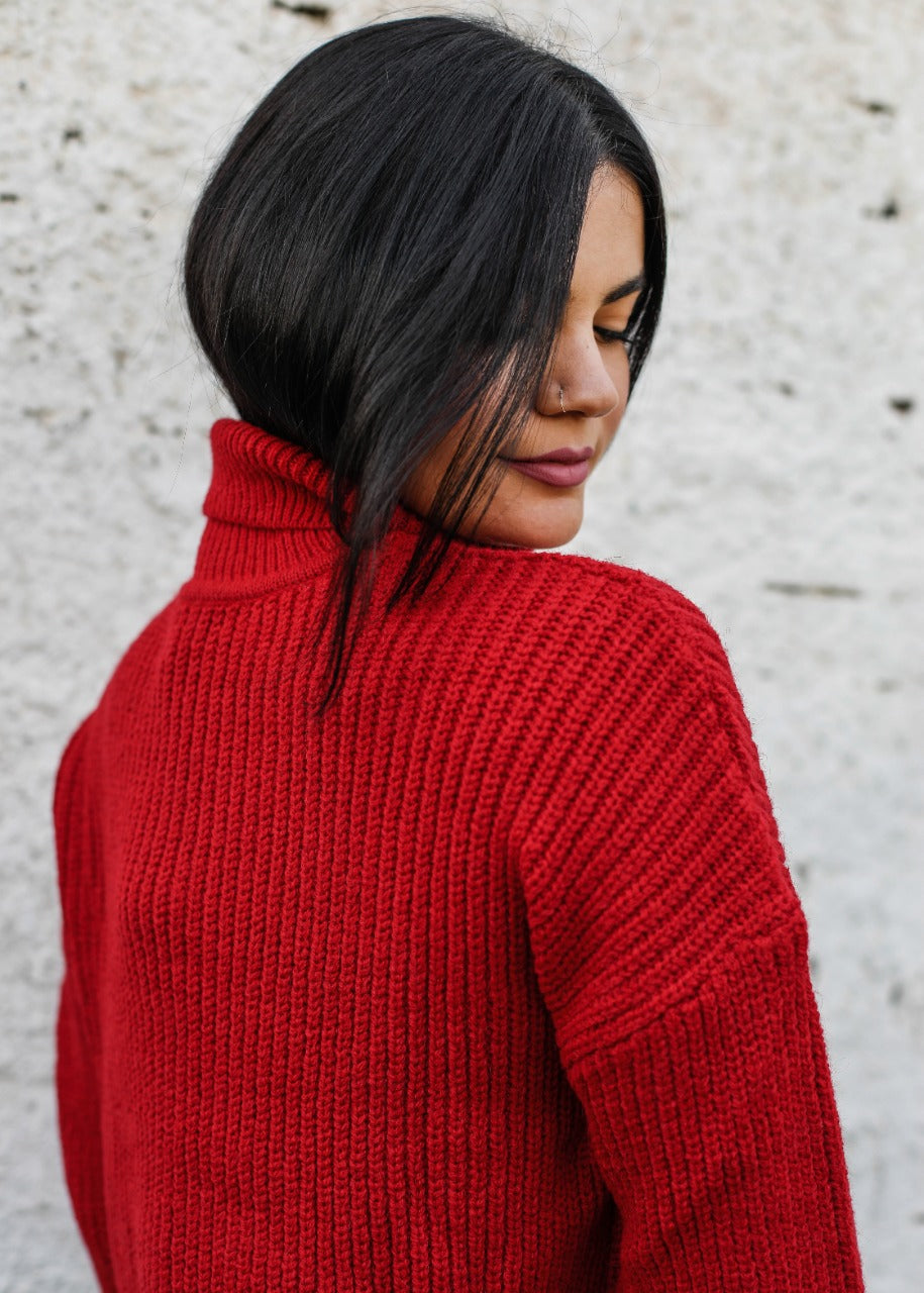High Neck Cropped Pullover Red