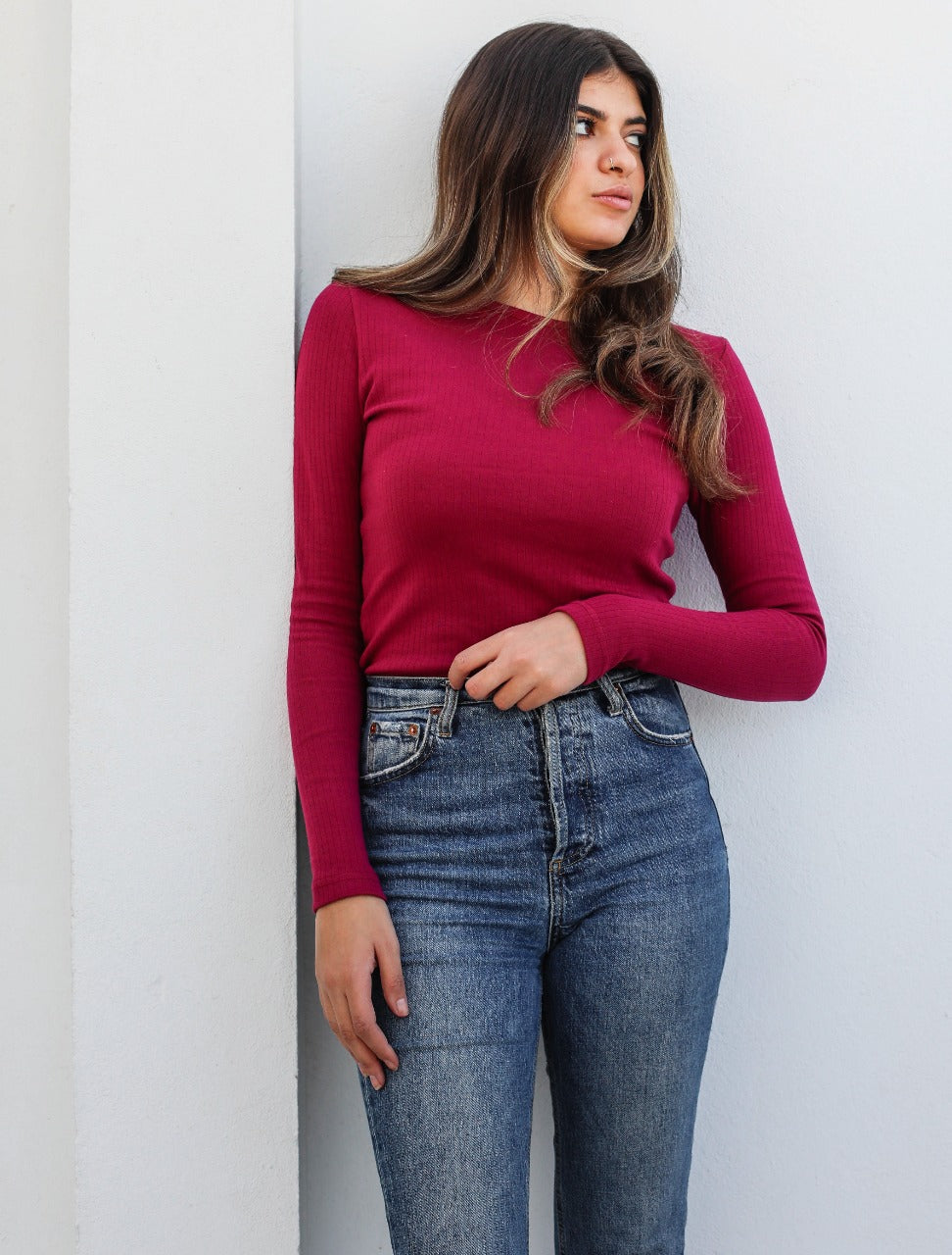 Long Sleeved Ribbed Top Fuschia