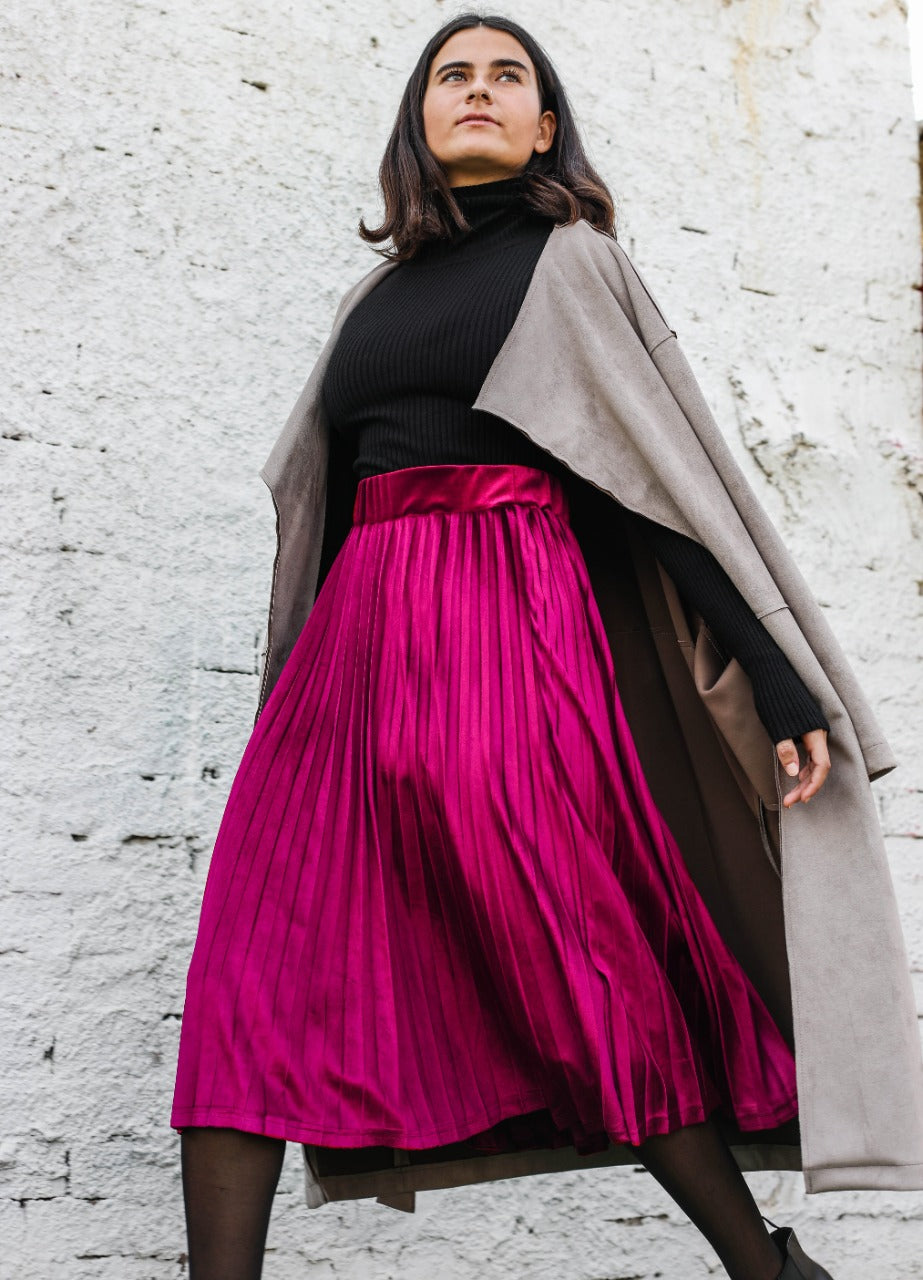 Pleated Velvet Skirt Burgundy