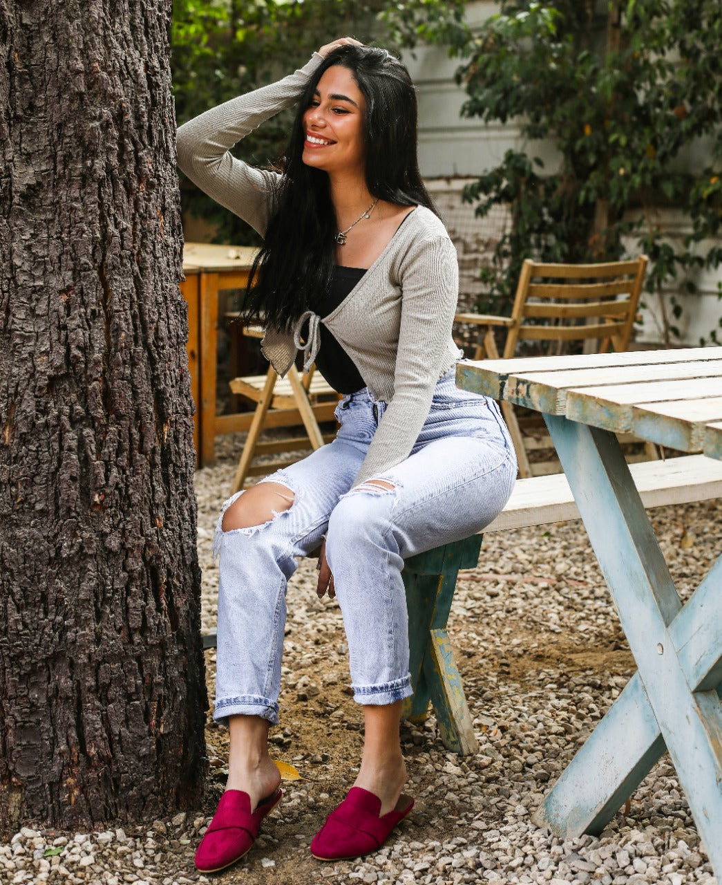 Plain Soft Belted Mules Burgundy