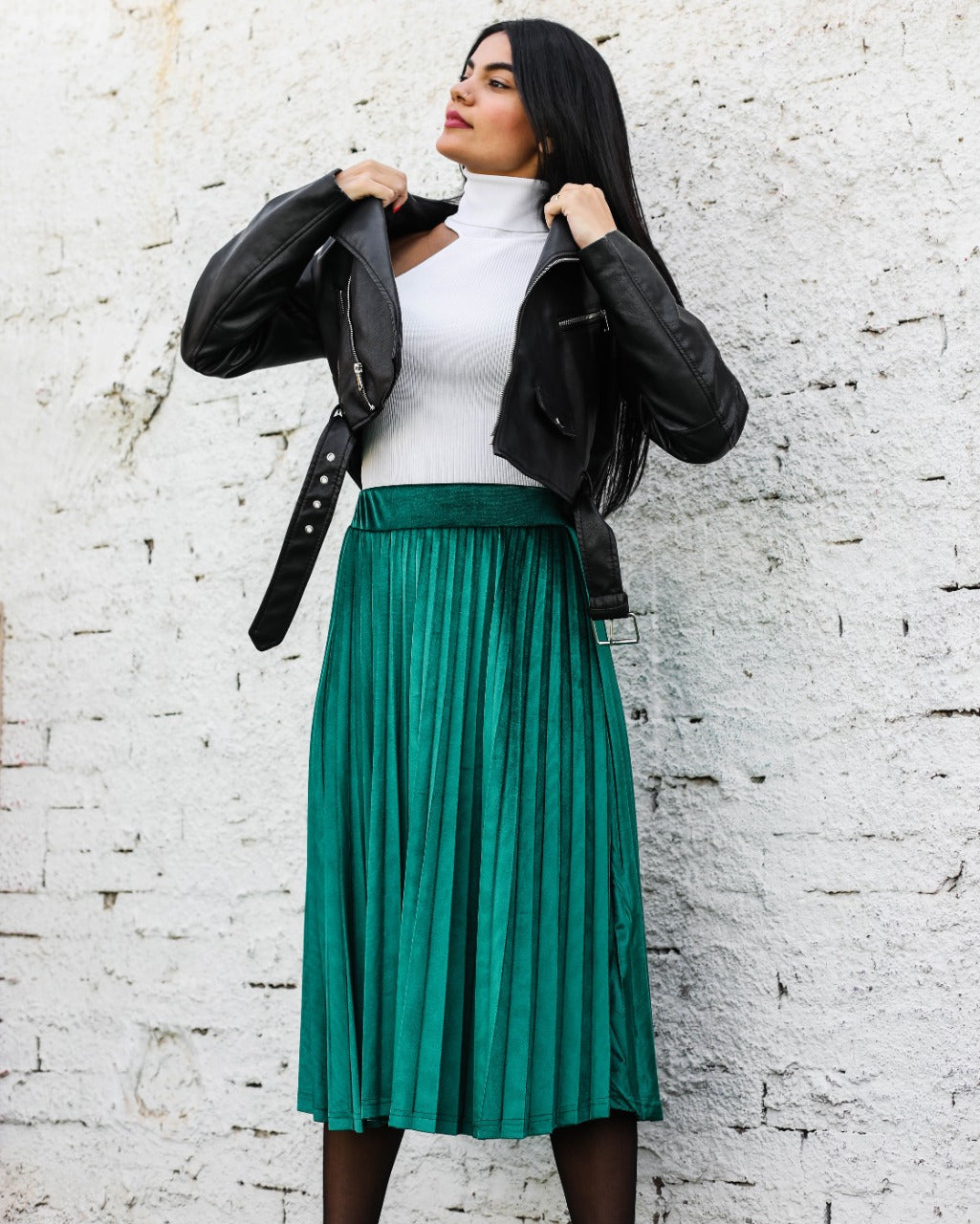 Pleated Velvet Skirt Green