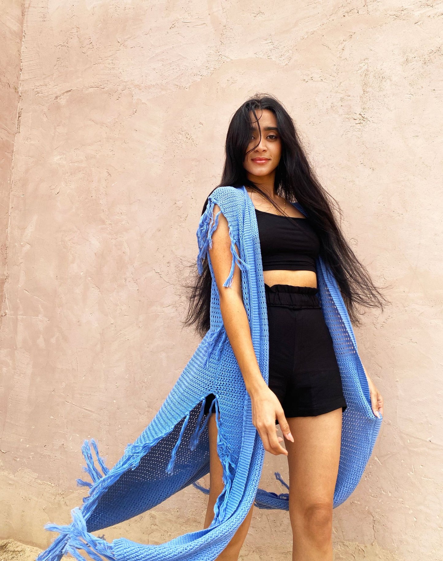 Camilia Fringe Long Vest Baby Blue