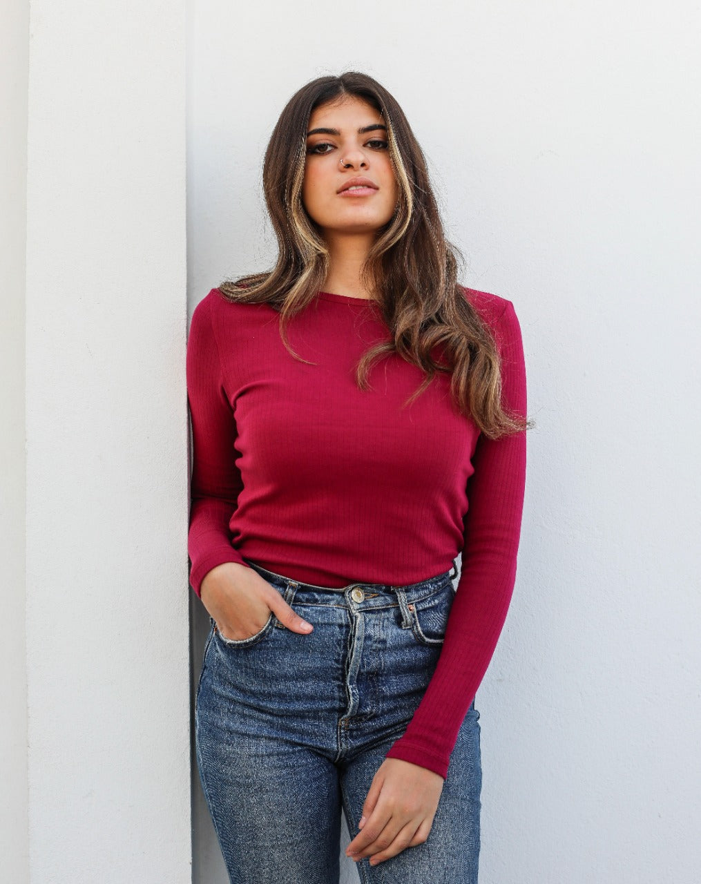 Long Sleeved Ribbed Top Fuschia